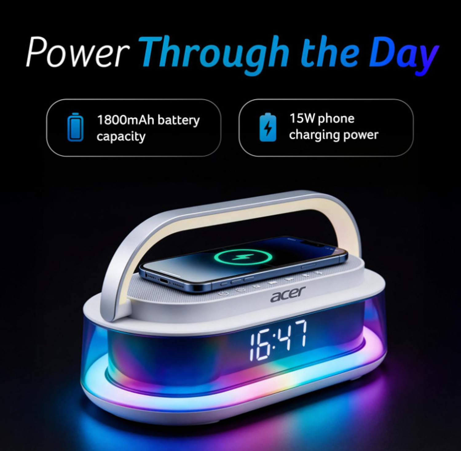 Image of Acer AlarmClock|15W wlessCharger|13 RGB Effect|1800mah|White |12 /24H|LED Display 10 W Bluetooth Speaker (White, Stereo Channel)