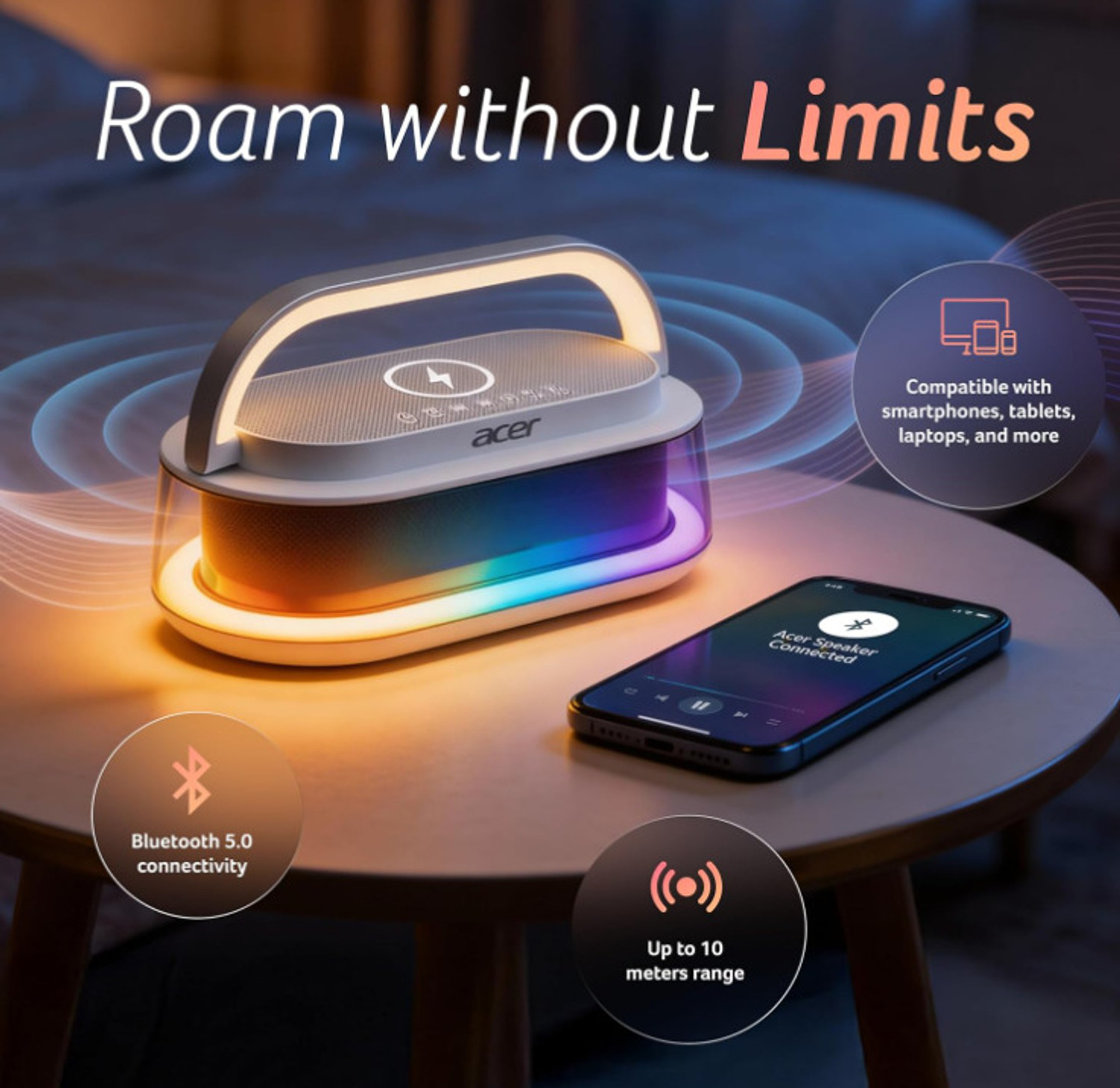 Image of Acer AlarmClock|15W wlessCharger|13 RGB Effect|1800mah|White |12 /24H|LED Display 10 W Bluetooth Speaker (White, Stereo Channel)