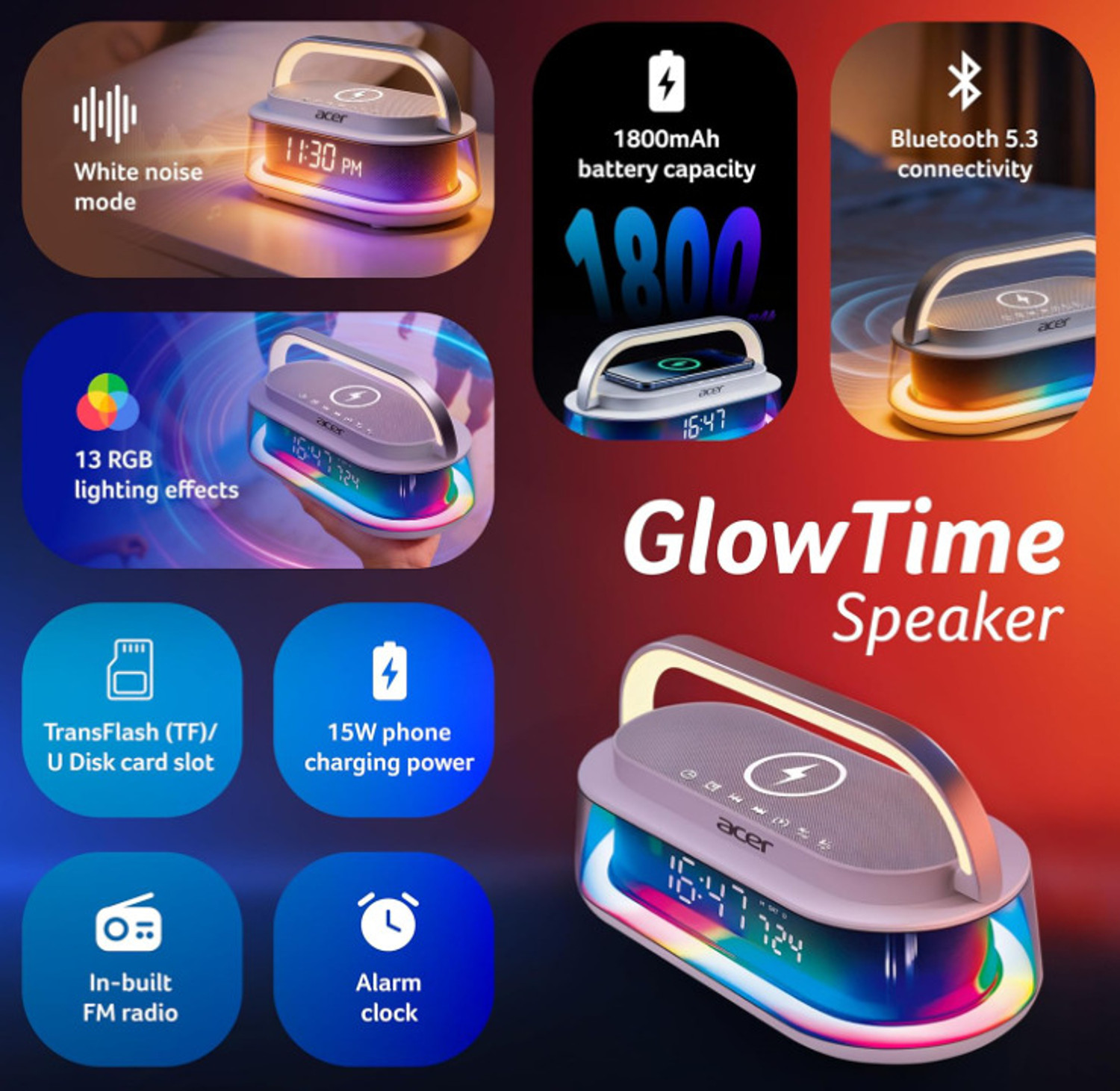 Image of Acer AlarmClock|15W wlessCharger|13 RGB Effect|1800mah|White |12 /24H|LED Display 10 W Bluetooth Speaker (White, Stereo Channel)