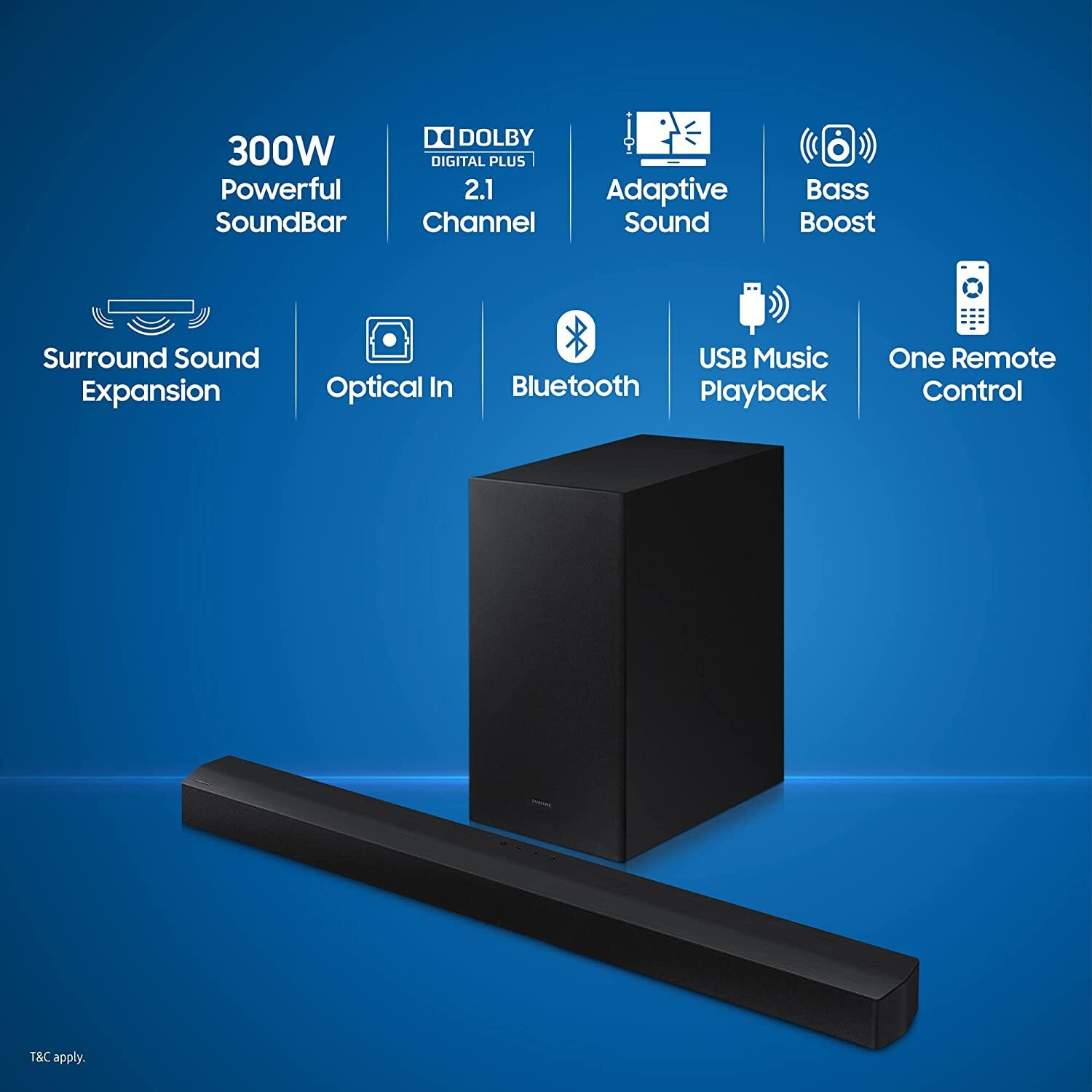 Image of Samsung (HW-B45E /XL) 3 speakers Wireless Subwoofer, Dolby Digital and DTS Virtual X 300 W Bluetooth Soundbar