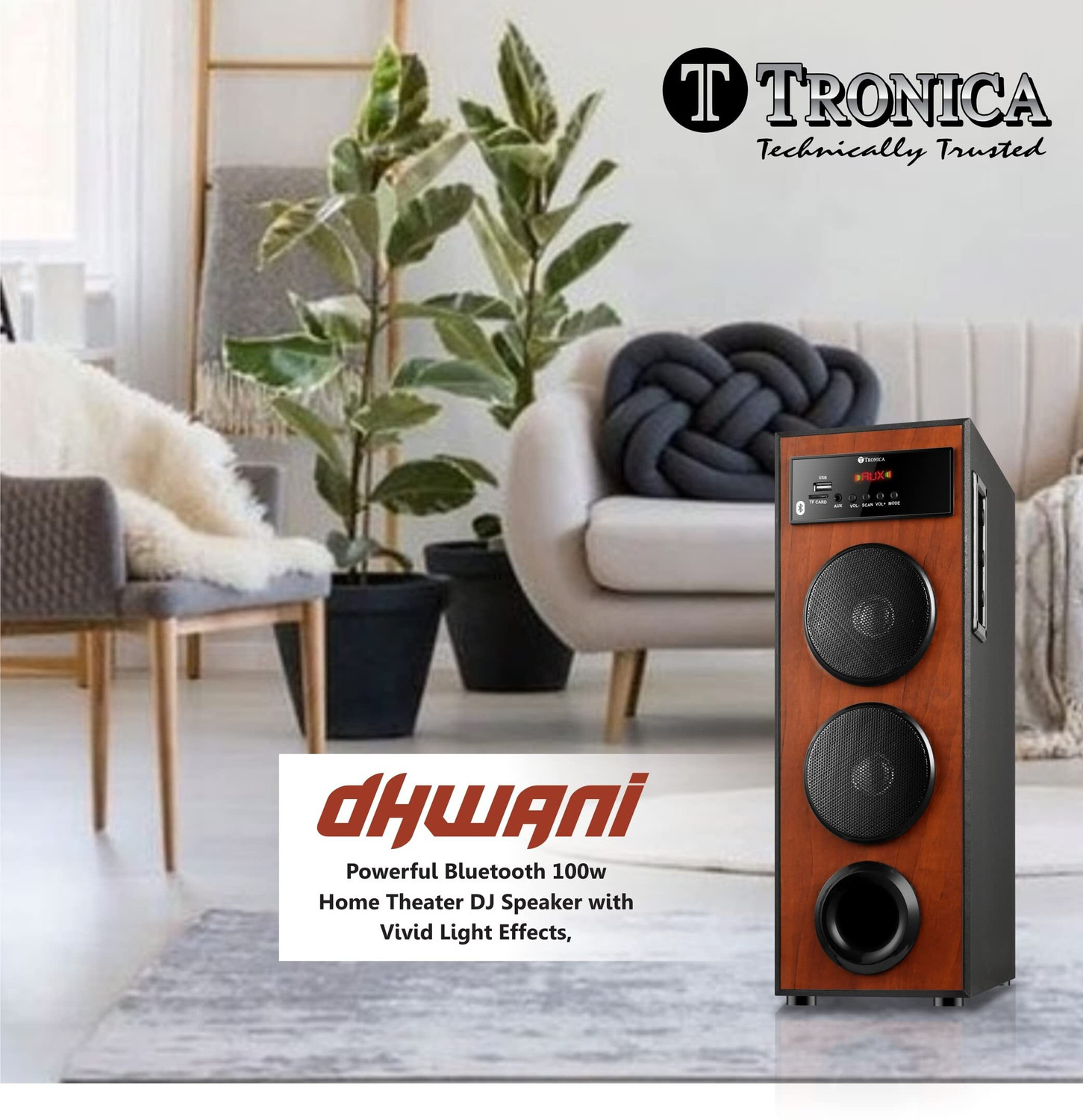 Image of TRONICA Dhwani DJ Bluetooth Tower Speaker with Mic, USB, SD, FM, AUX, TV & Remote 44 W Bluetooth Party Speaker (Black, 2.0 Channel)