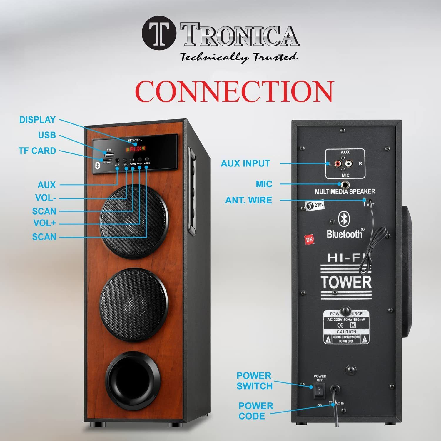 Image of TRONICA Dhwani DJ Bluetooth Tower Speaker with Mic, USB, SD, FM, AUX, TV & Remote 44 W Bluetooth Party Speaker (Black, 2.0 Channel)