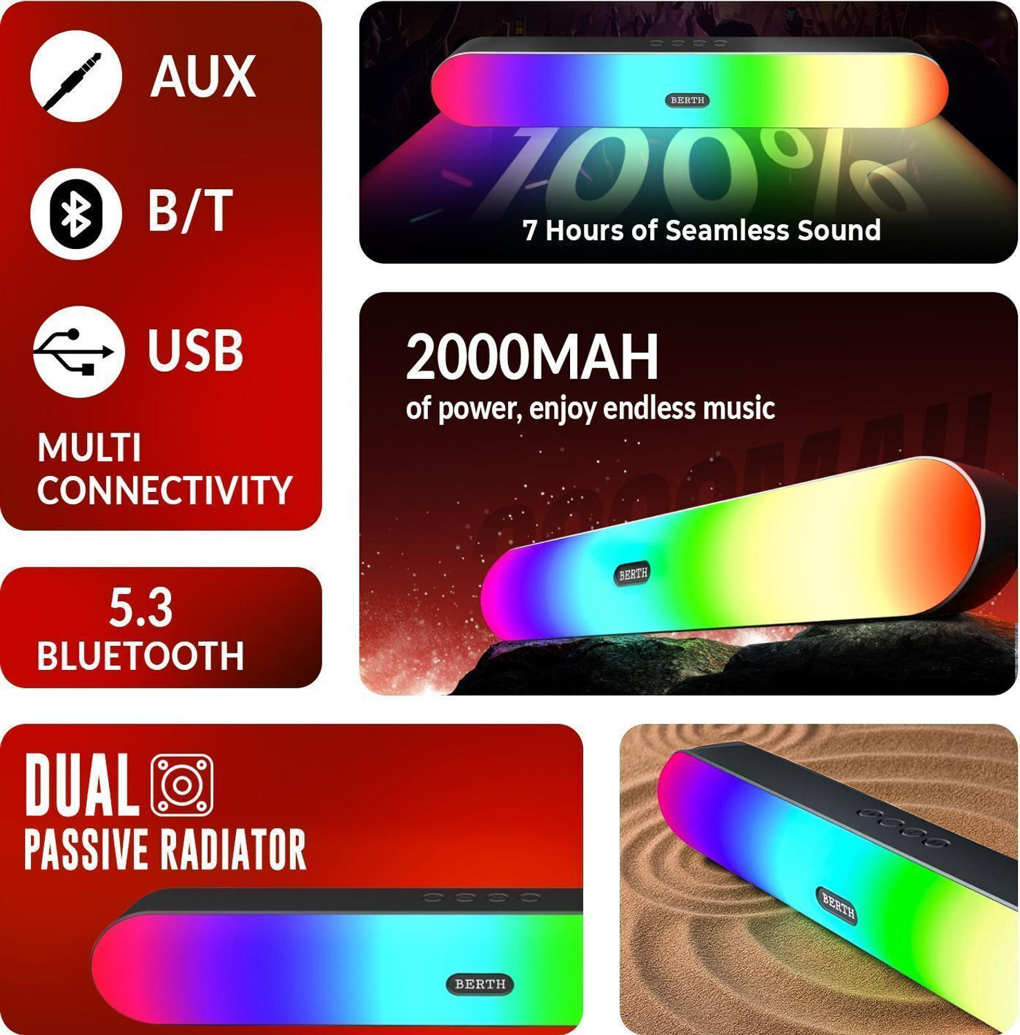 Image of BERTH Venero SB 75 Wireless for TV, Powerful Bass Home Theatre Speaker With RGB light 16 W Bluetooth Soundbar (Multicolor, 2.0 Channel)