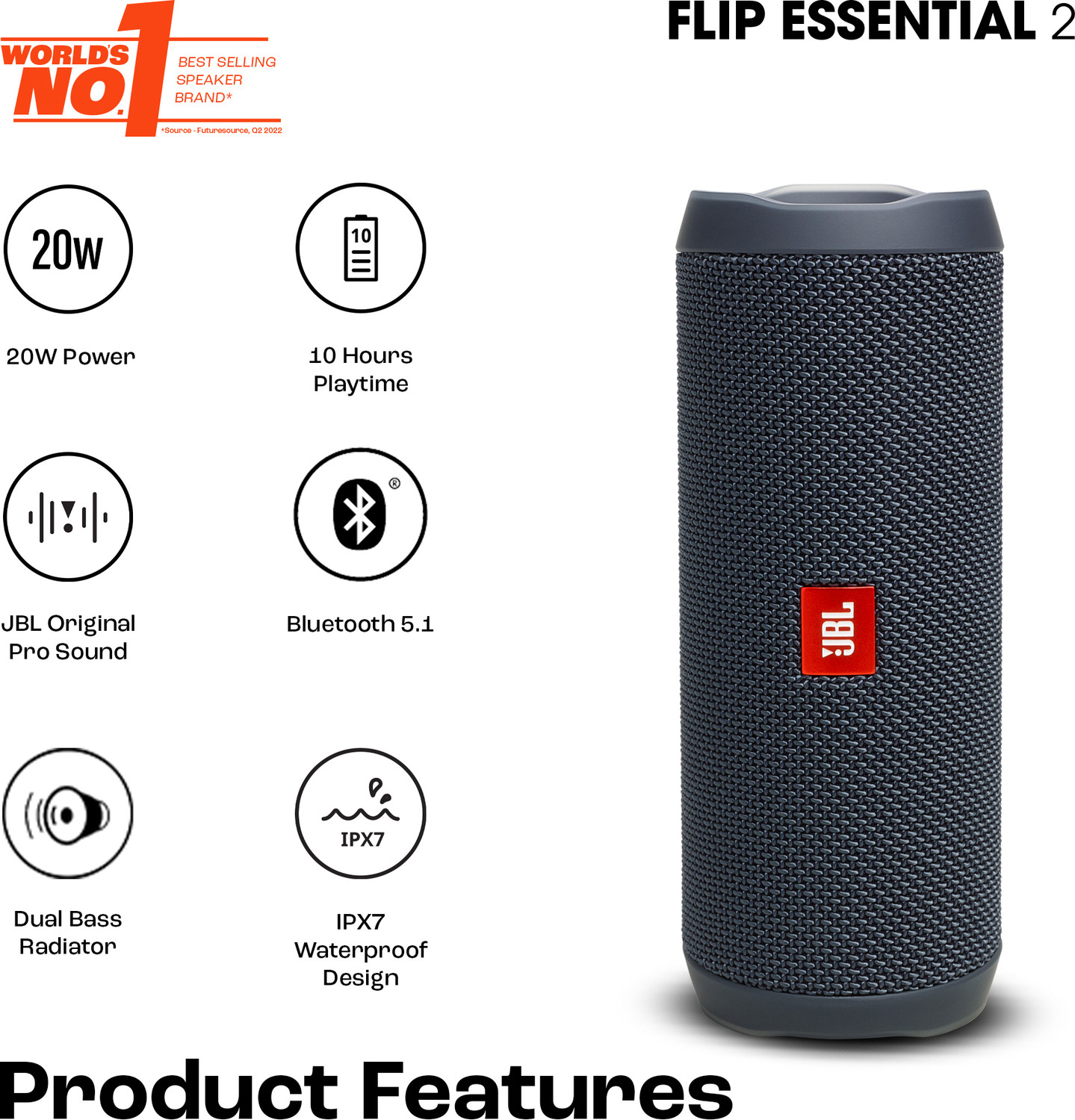 Image of JBL Flip Essential 2, Deep Bass, 10Hrs Playtime, IPX7 Waterproof, Portable 20 W Bluetooth Speaker