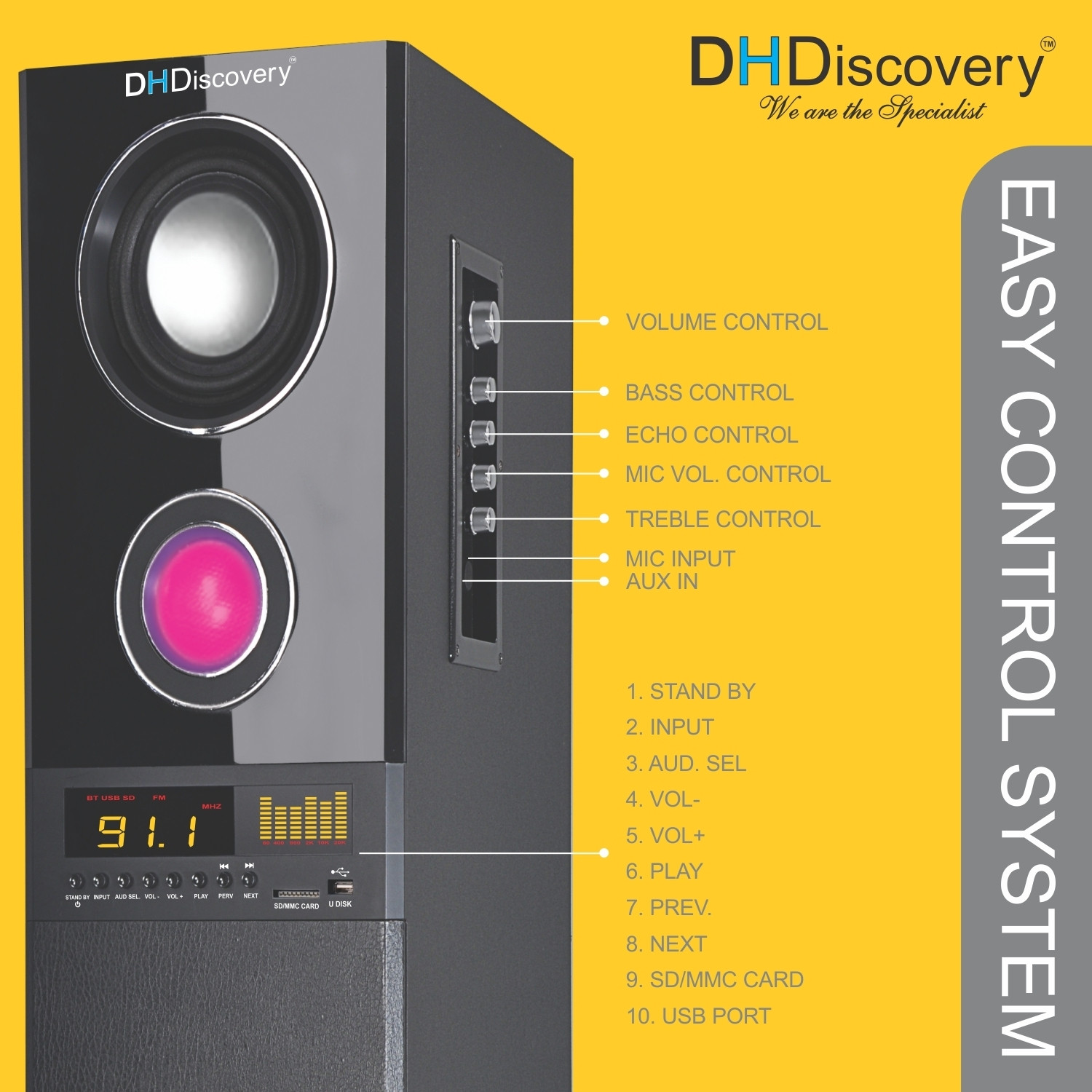 Image of DH Discovery DJ 1212 2000 W Bluetooth Tower Speaker (Black, 2.0 Channel)