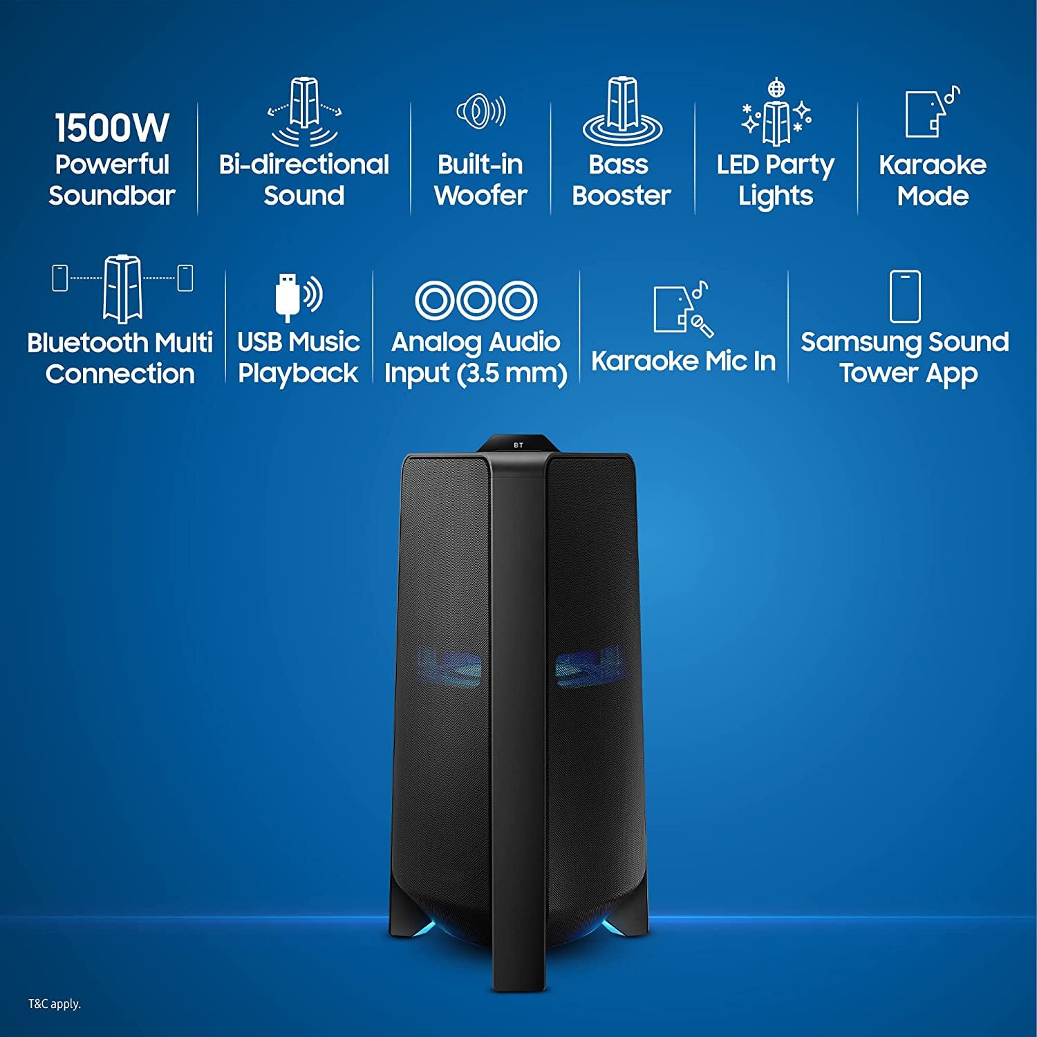 Image of Samsung Sound Tower {MX-T70 /XL} Built-in Subwoofer, Bluetooth, USB, Karaoke Enabled 1500 W Bluetooth Party Speaker