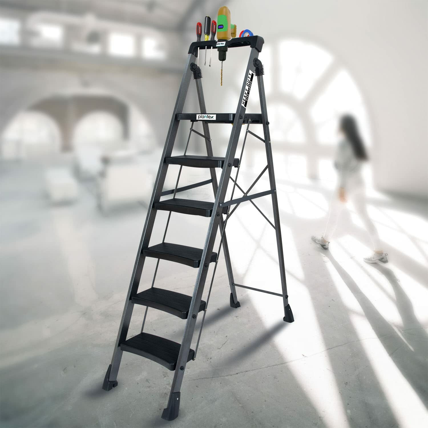 Image of Plantex Hulk Heavy-Duty MS 6 Step Ladder with Advanced Locking System (Grey-Metallic) Steel Ladder