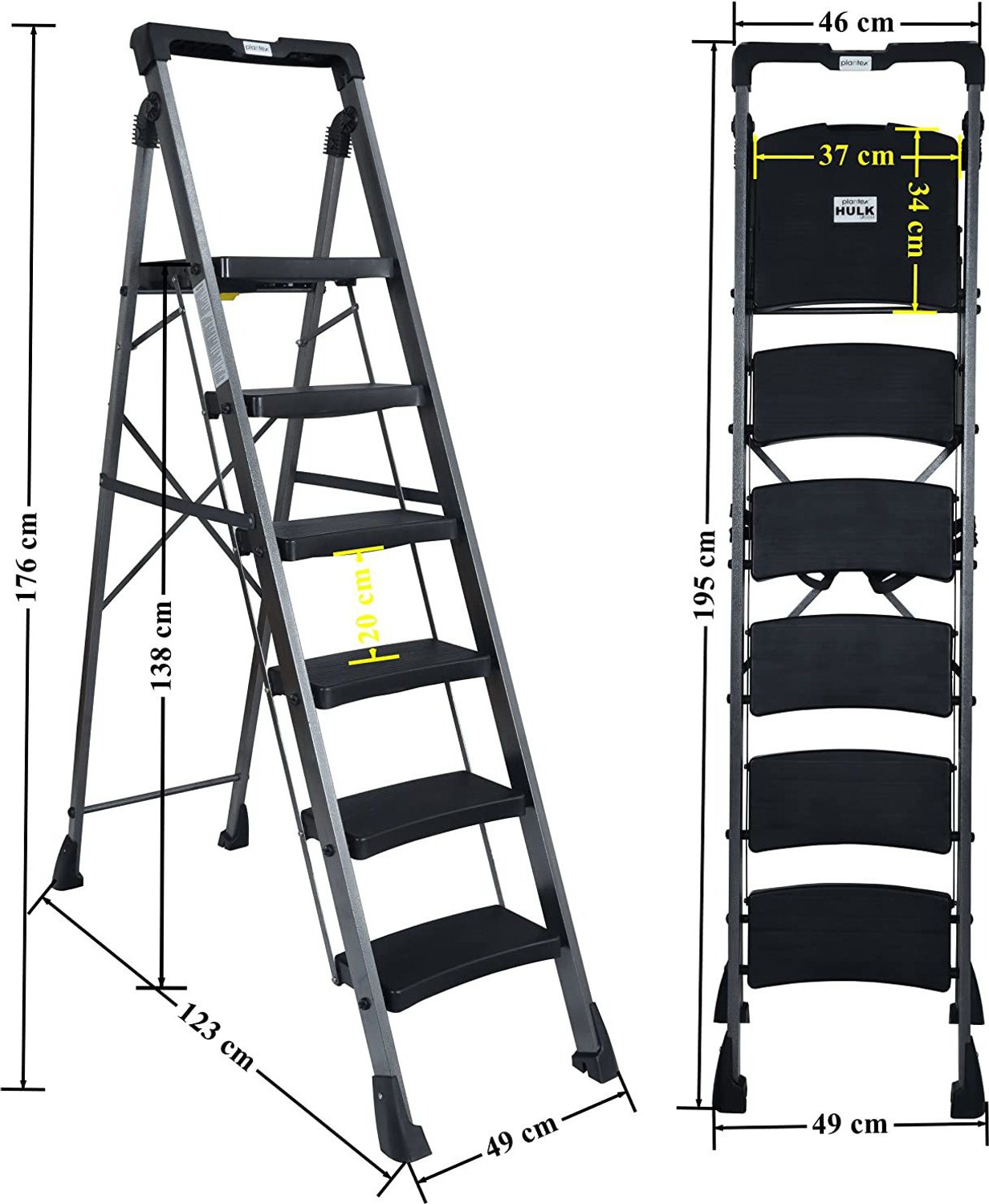 Image of Plantex Hulk Heavy-Duty MS 6 Step Ladder with Advanced Locking System (Grey-Metallic) Steel Ladder