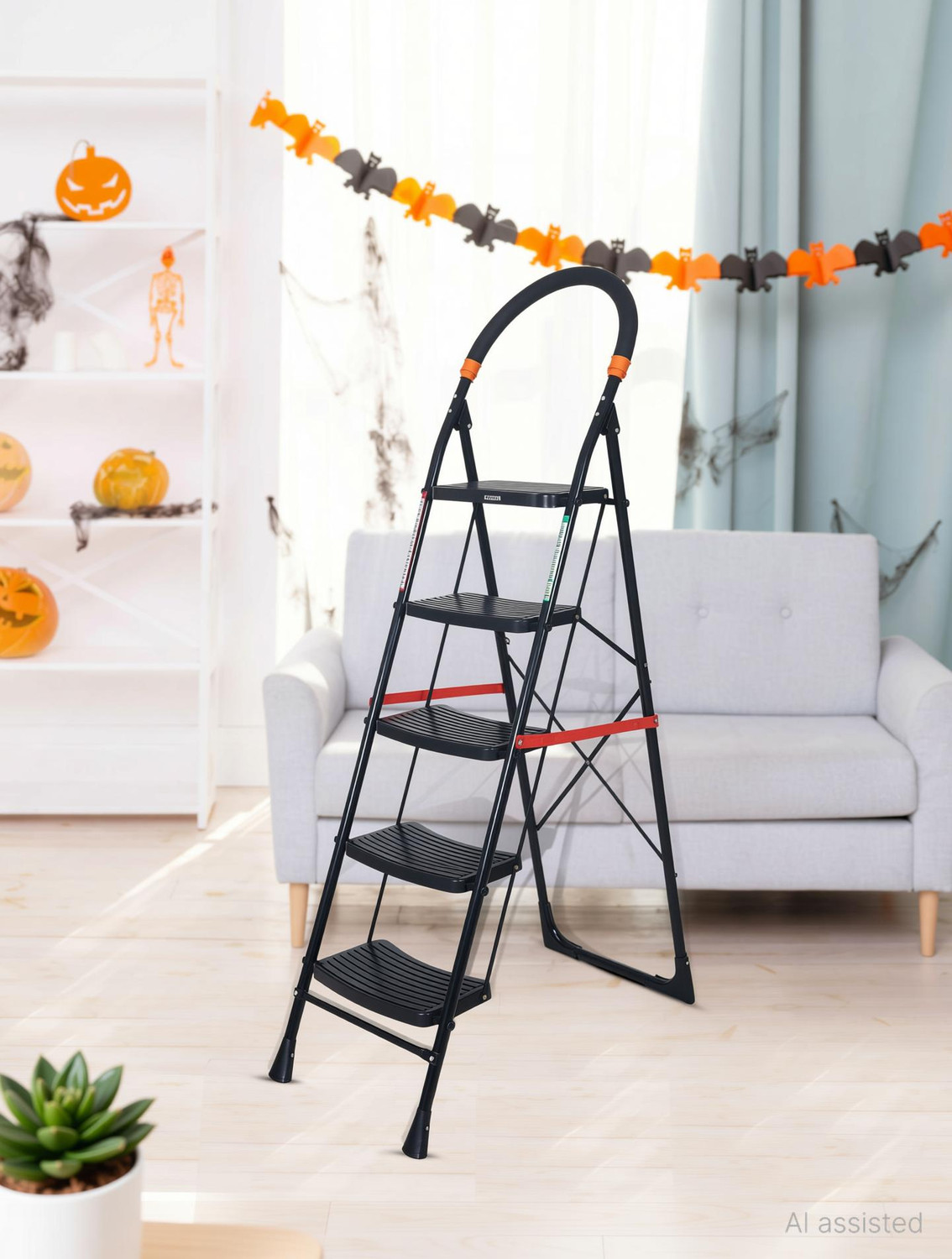 FLIPZON Premium Heavy Foldable Cameo 5 Steps Ladder with Wide Steps & Anti-Skid Shoes - Black Steel Ladder