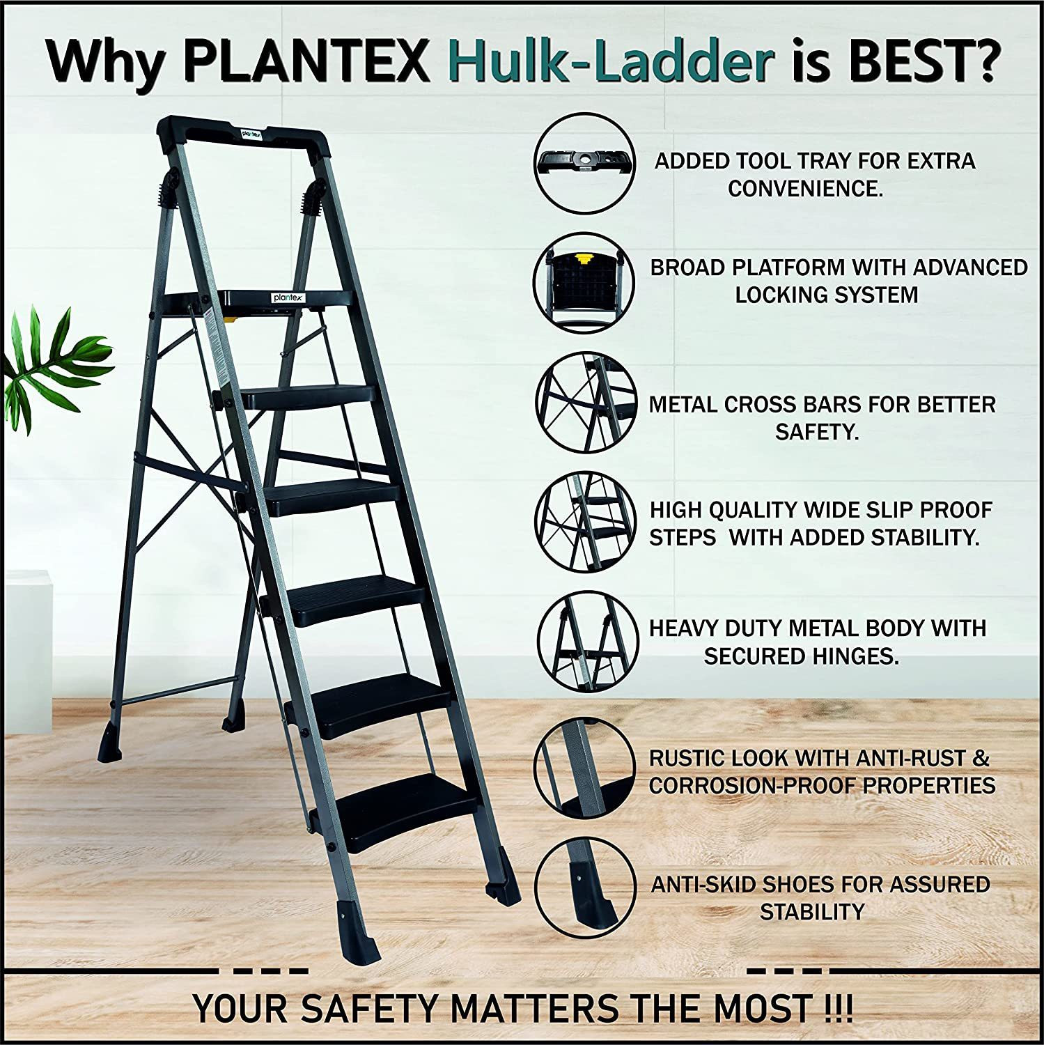 Image of Plantex Hulk Heavy-Duty MS 6 Step Ladder with Advanced Locking System (Grey-Metallic) Steel Ladder