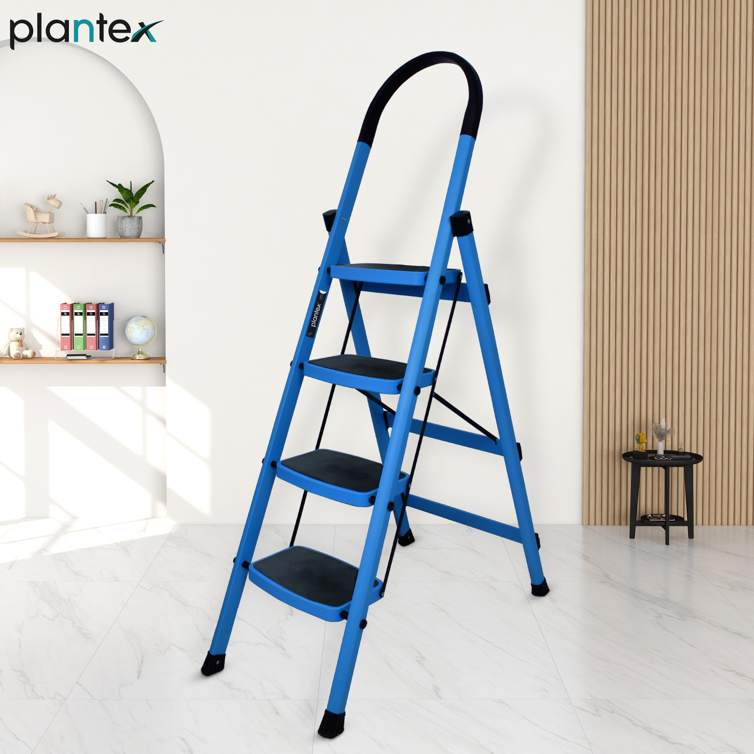 Plantex Prime Steel Folding 4 Step Ladder for Home - 4 Wide Anti-Skid Steps (Blue &amp; Black) Steel Ladder  (With Platform)