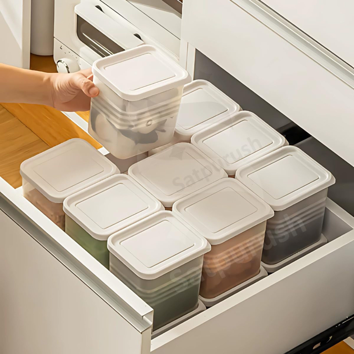 Image of Puno Food Storage Containers Set 1000 ML Plastic Kitchen Organizer Boxes with Lids Storage Box (White)
