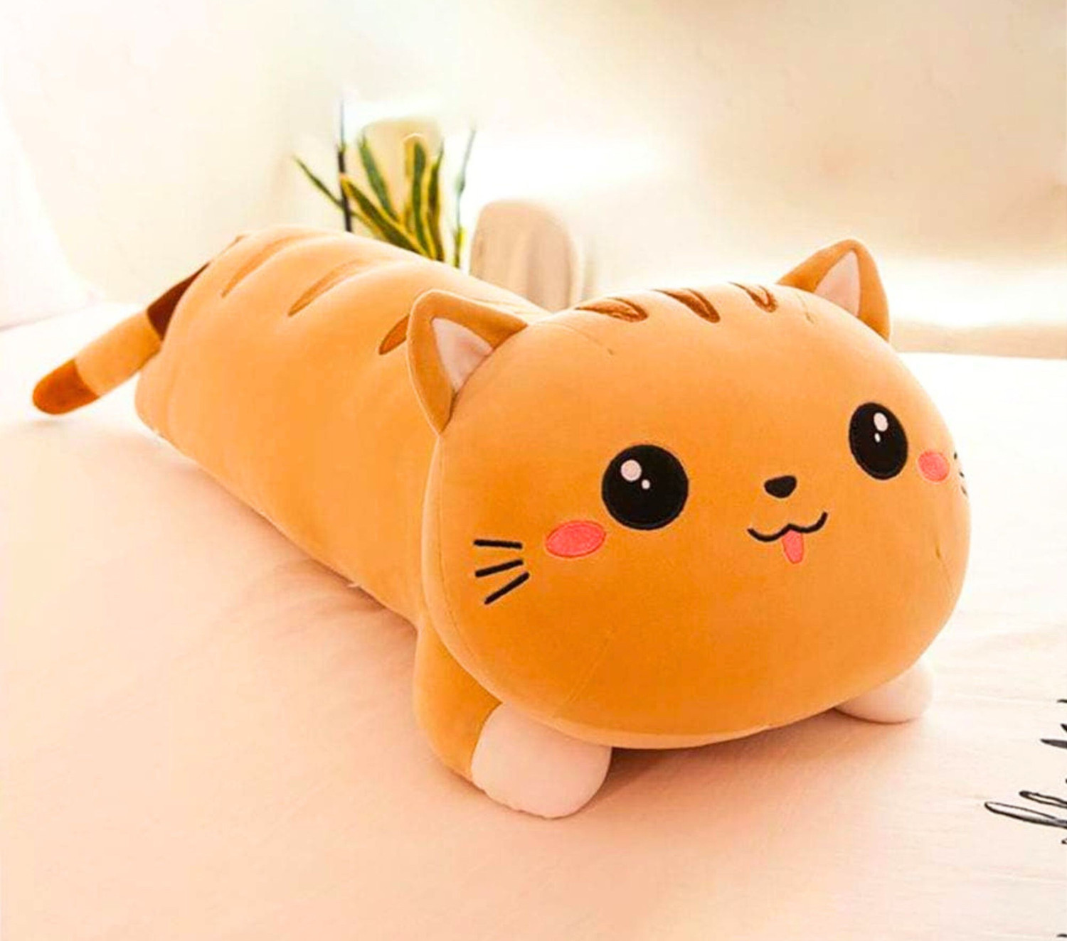 Image of Tickles Cat Soft Stuffed Plush Bolster Pillow Toy for Kid Birthday Gift - 75 cm (Grey)