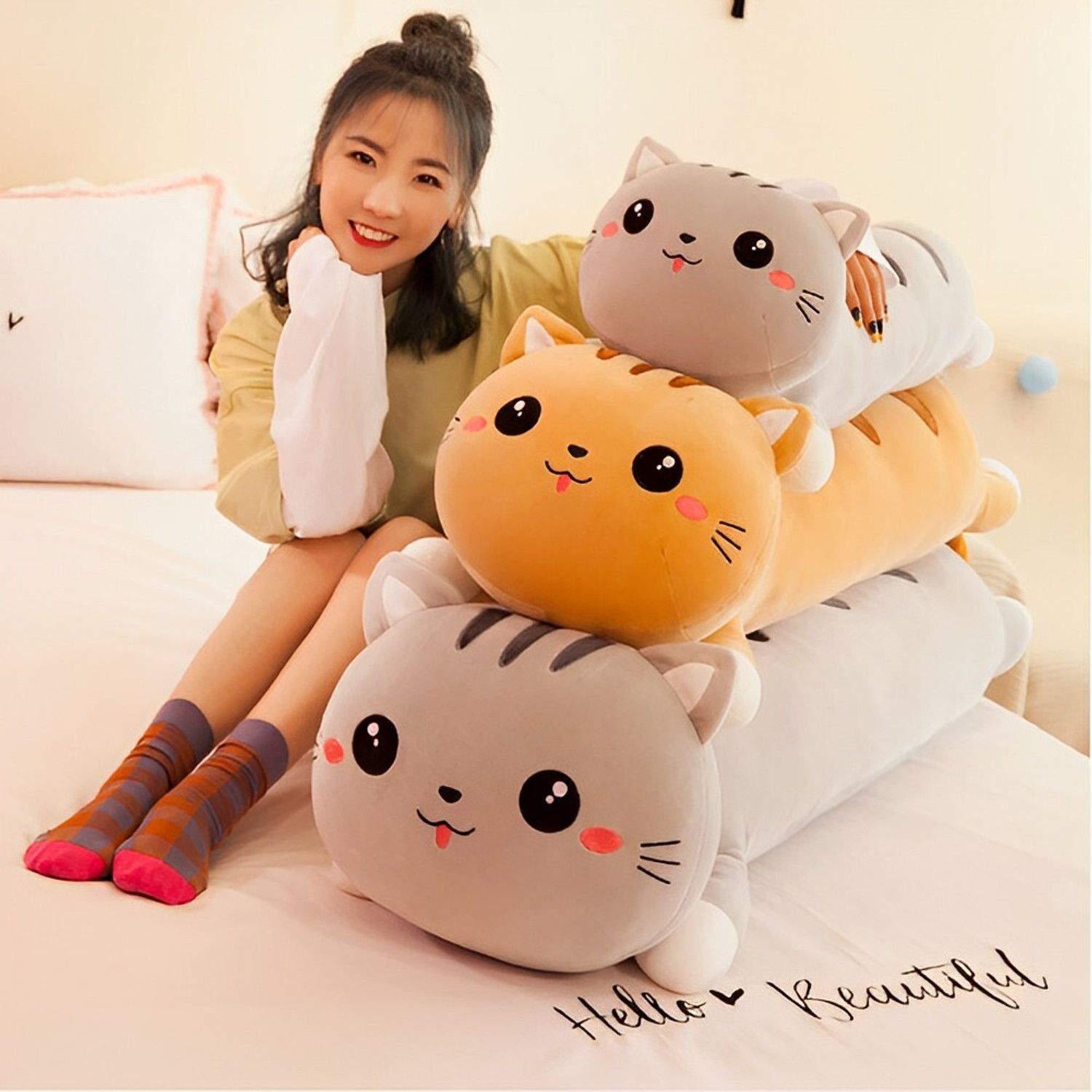 Image of Tickles Cat Soft Stuffed Plush Bolster Pillow Toy for Kid Birthday Gift - 75 cm (Grey)
