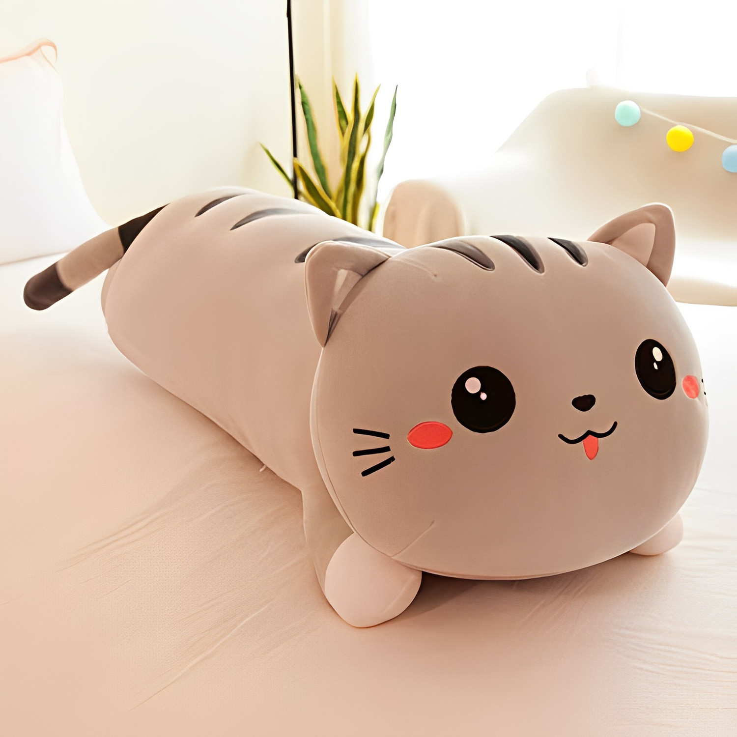 Image of Tickles Cat Soft Stuffed Plush Bolster Pillow Toy for Kid Birthday Gift - 75 cm (Grey)