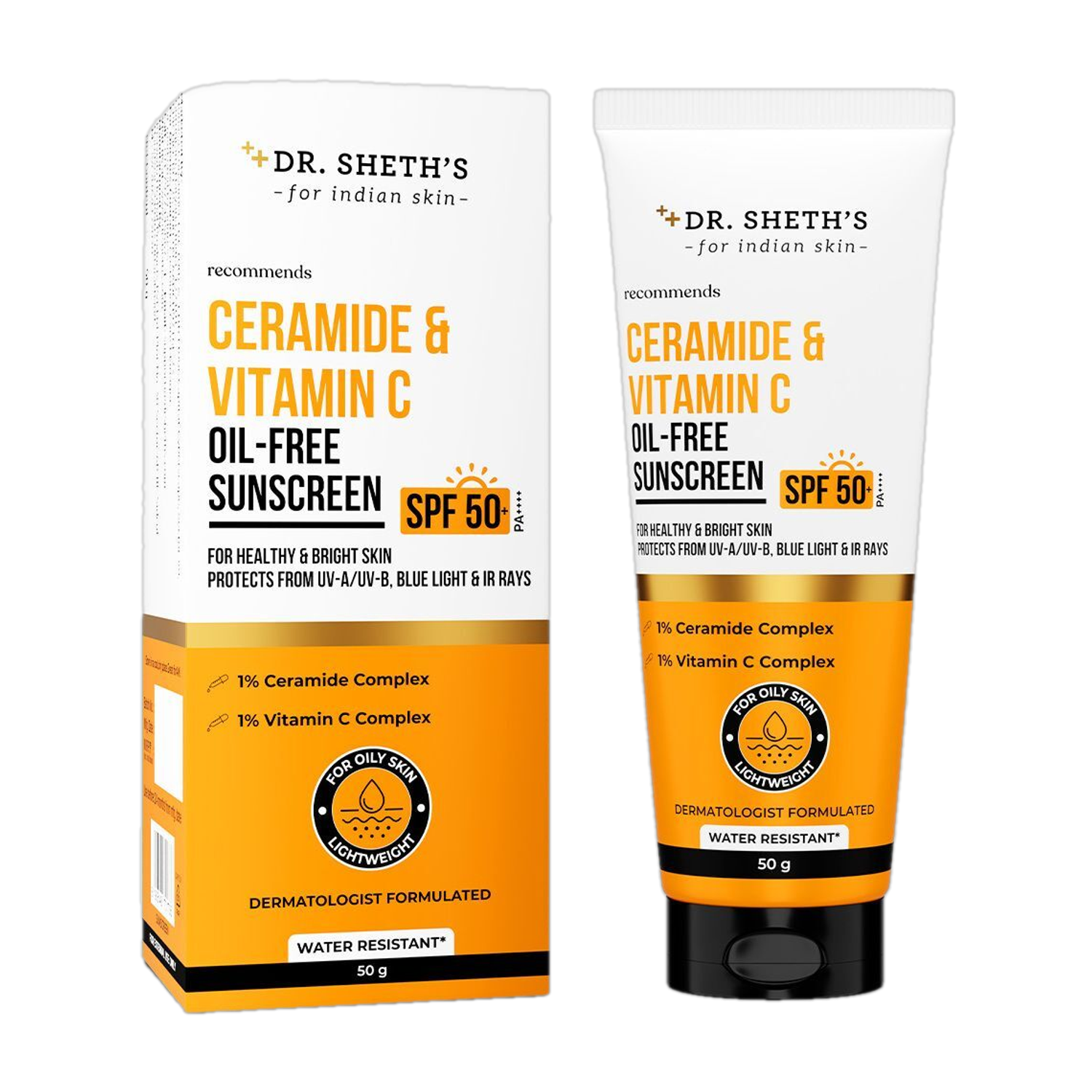 Dr. Sheth's Sunscreen SPF 50 with Ceramide & Vitamin C | PA+++ | UVA UVB Sun Protection, - SPF 50 PA+++