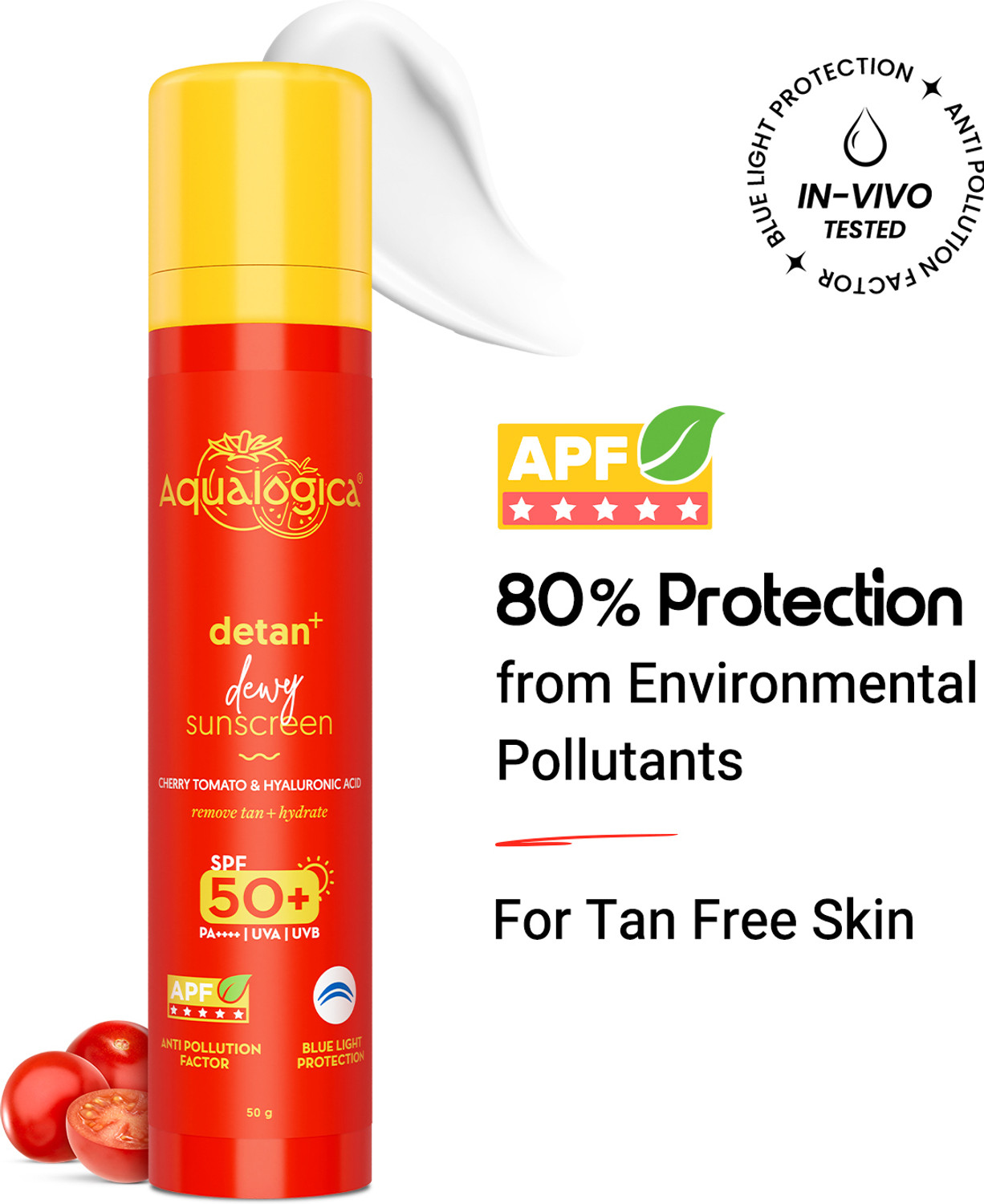 Aqualogica Detan+ Dewy Sunscreen with Cherry Tomato SPF 50 PA++++ Reduces Tan 50 g - SPF 50 PA++++