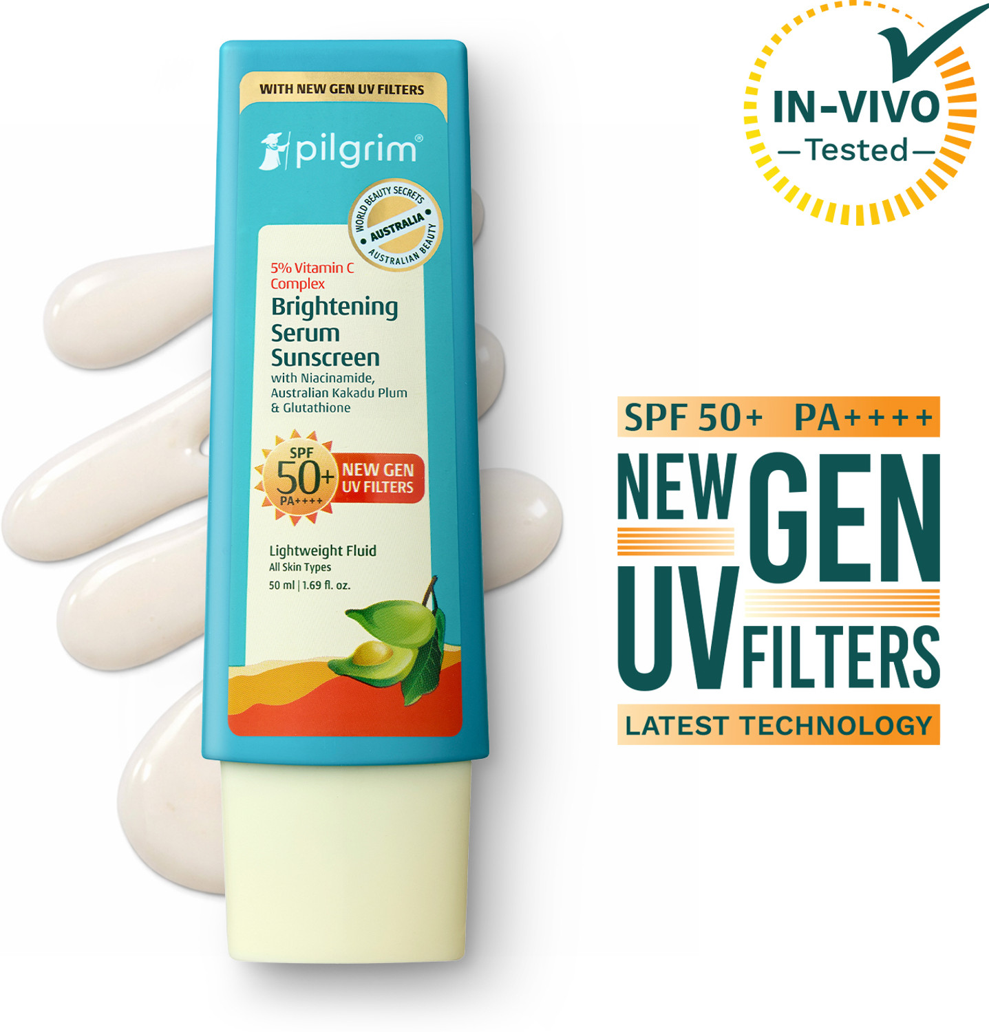 Pilgrim Sunscreen - SPF 60 PA++++ 5% Vitamin C Brightening Ultra Light Gel Sunscreen with Australian Kakadu Plum