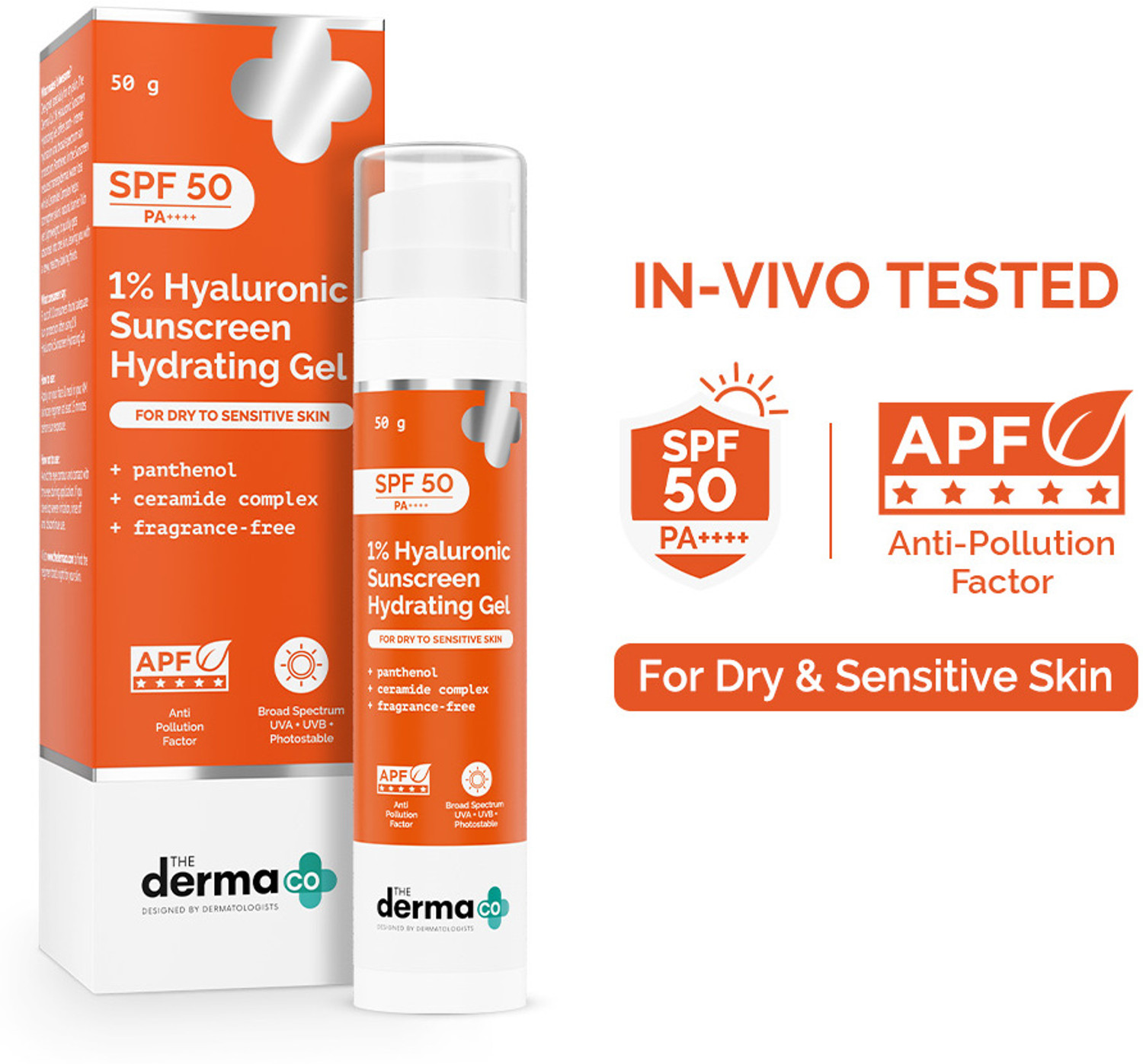 The Derma Co Sunscreen - SPF 50 PA++++ 1% Hyaluronic Sunscreen Hydrating Gel | For Dry & Sensitive Skin
