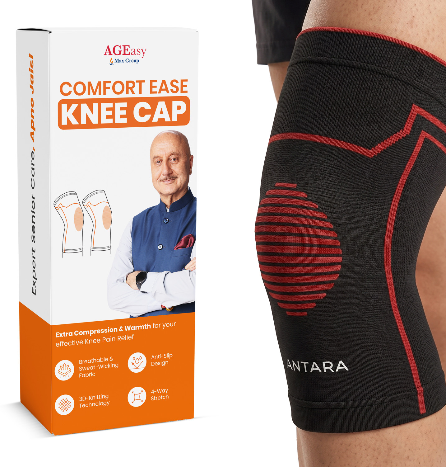 Image of AGEasy (Max Group) Comfort Knee Cap, Anti-Slip Cotton Lining, Knee Pain Support Knee Support (Black, Red)