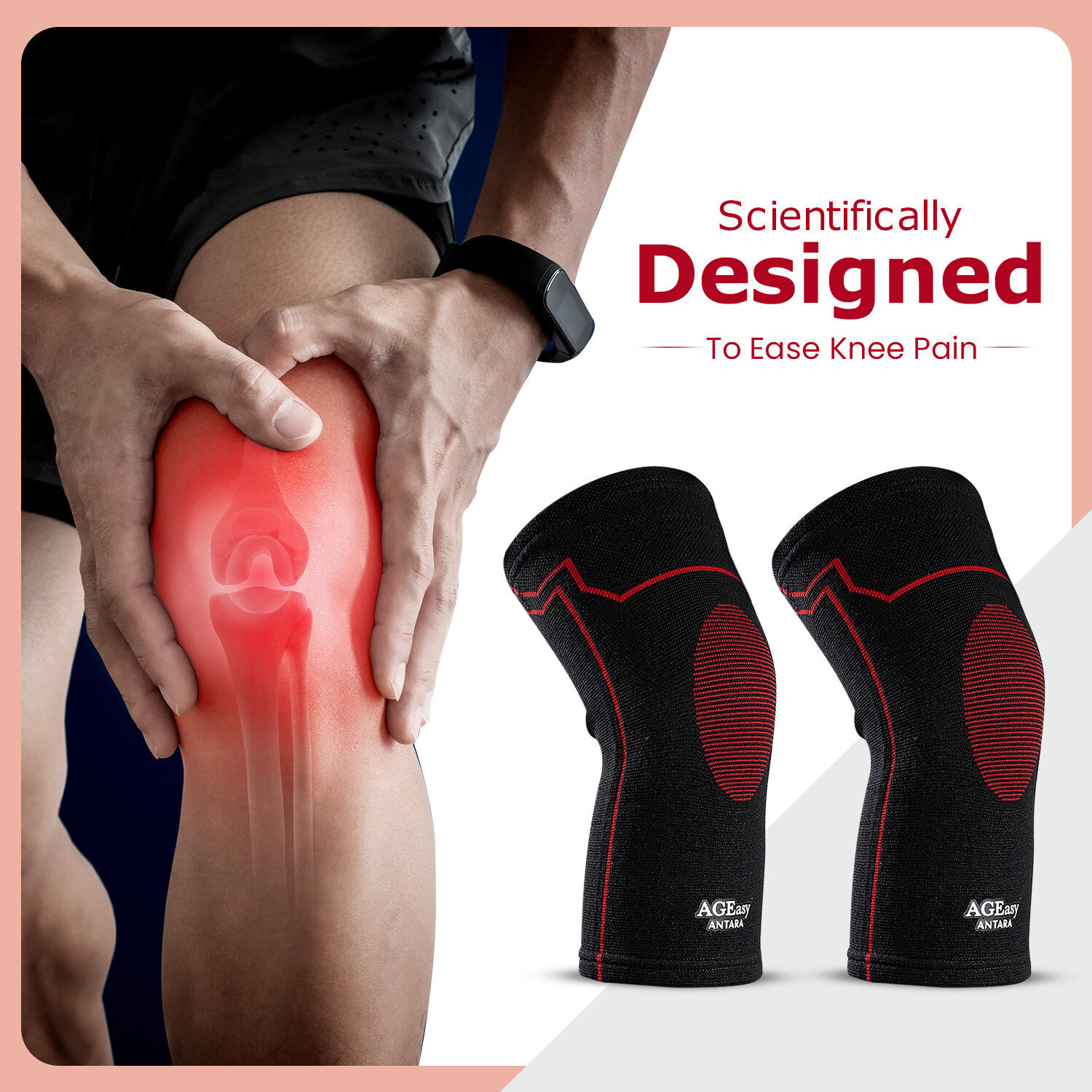 Image of AGEasy (Max Group) Comfort Knee Cap, Anti-Slip Cotton Lining, Knee Pain Support Knee Support (Black, Red)