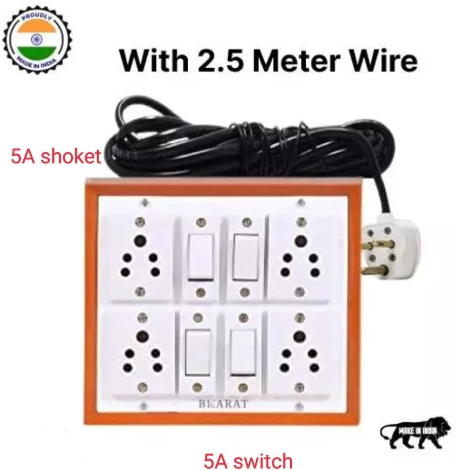 Image of Mopslik Long Wire 4 Port (6 Amp 220 V ) Extension Cord with Switch and LED Indicator 4 Socket Extension Boards (Multicolor, 3 m)