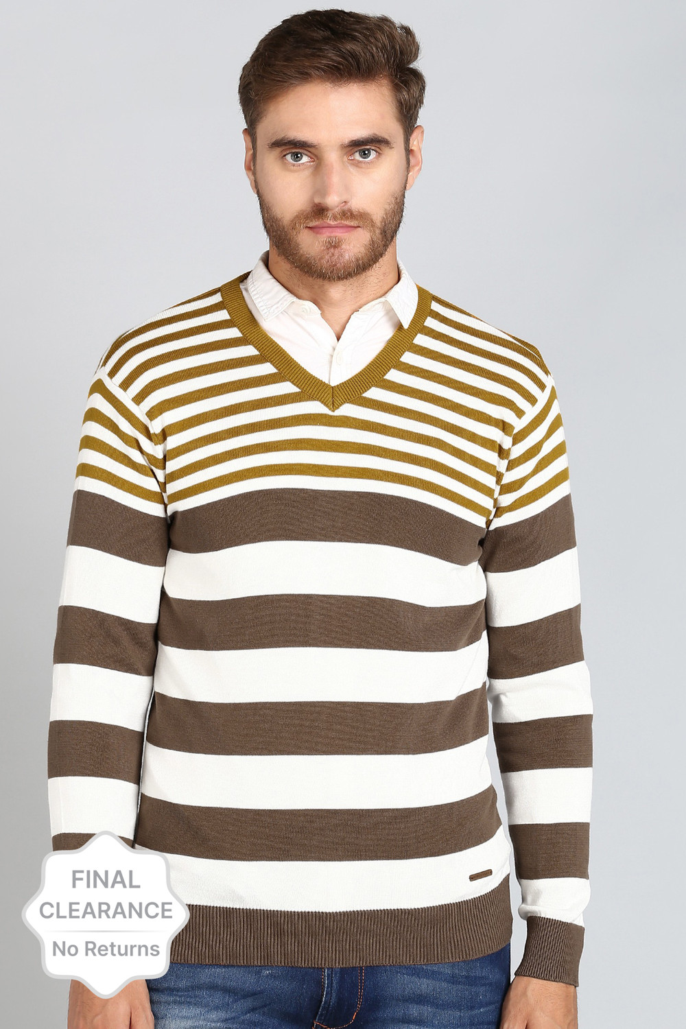 NUMERO UNO Striped V Neck Casual Men White Brown Sweater Price
