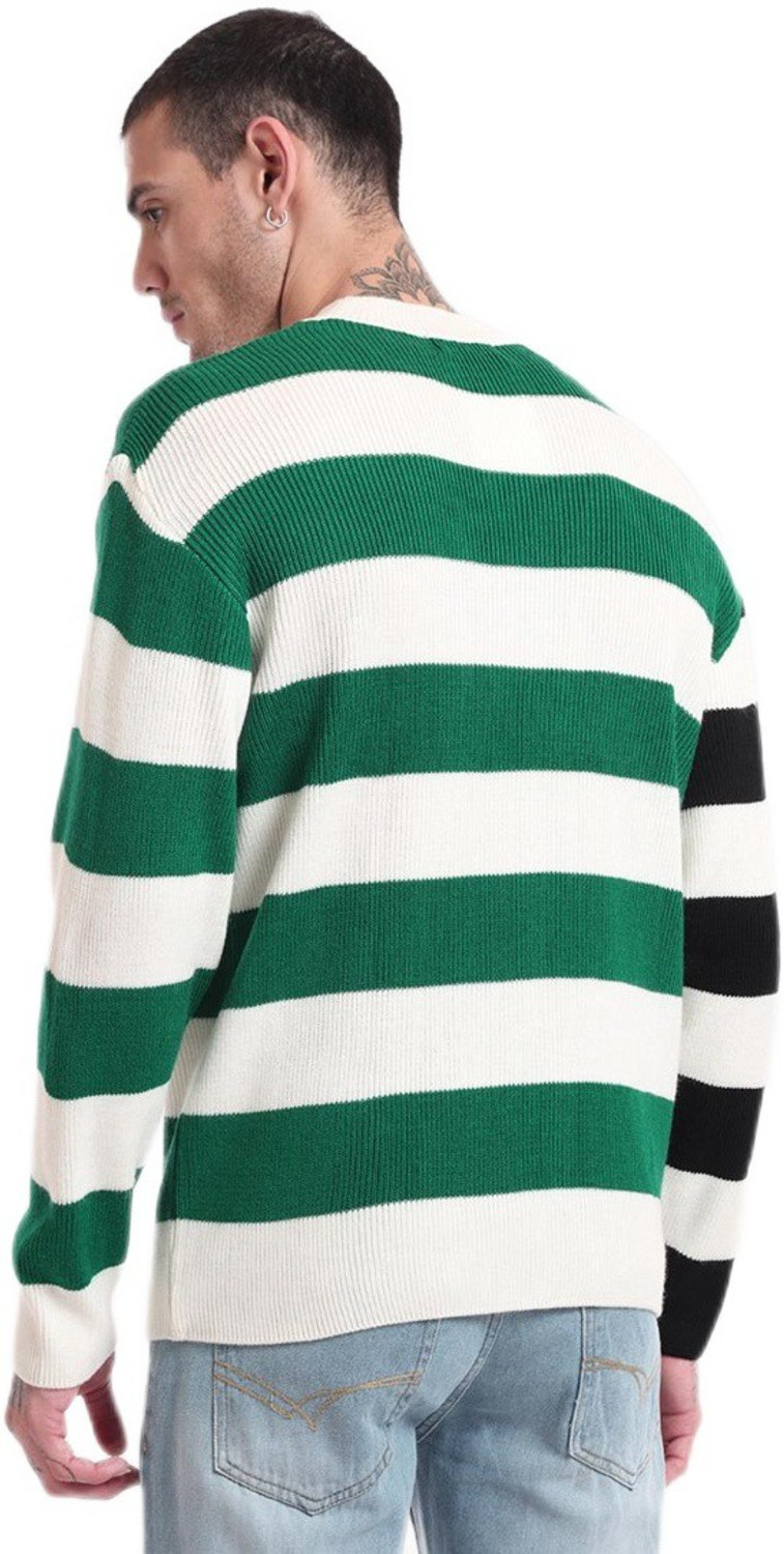 BEWAKOOF Striped Round Neck Casual Men Green White Sweater