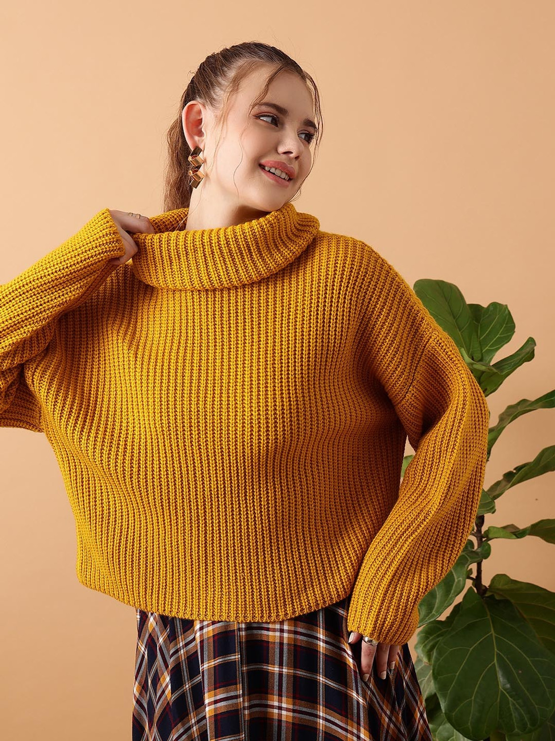 Street9 Woven High Neck Casual Women Yellow Sweater