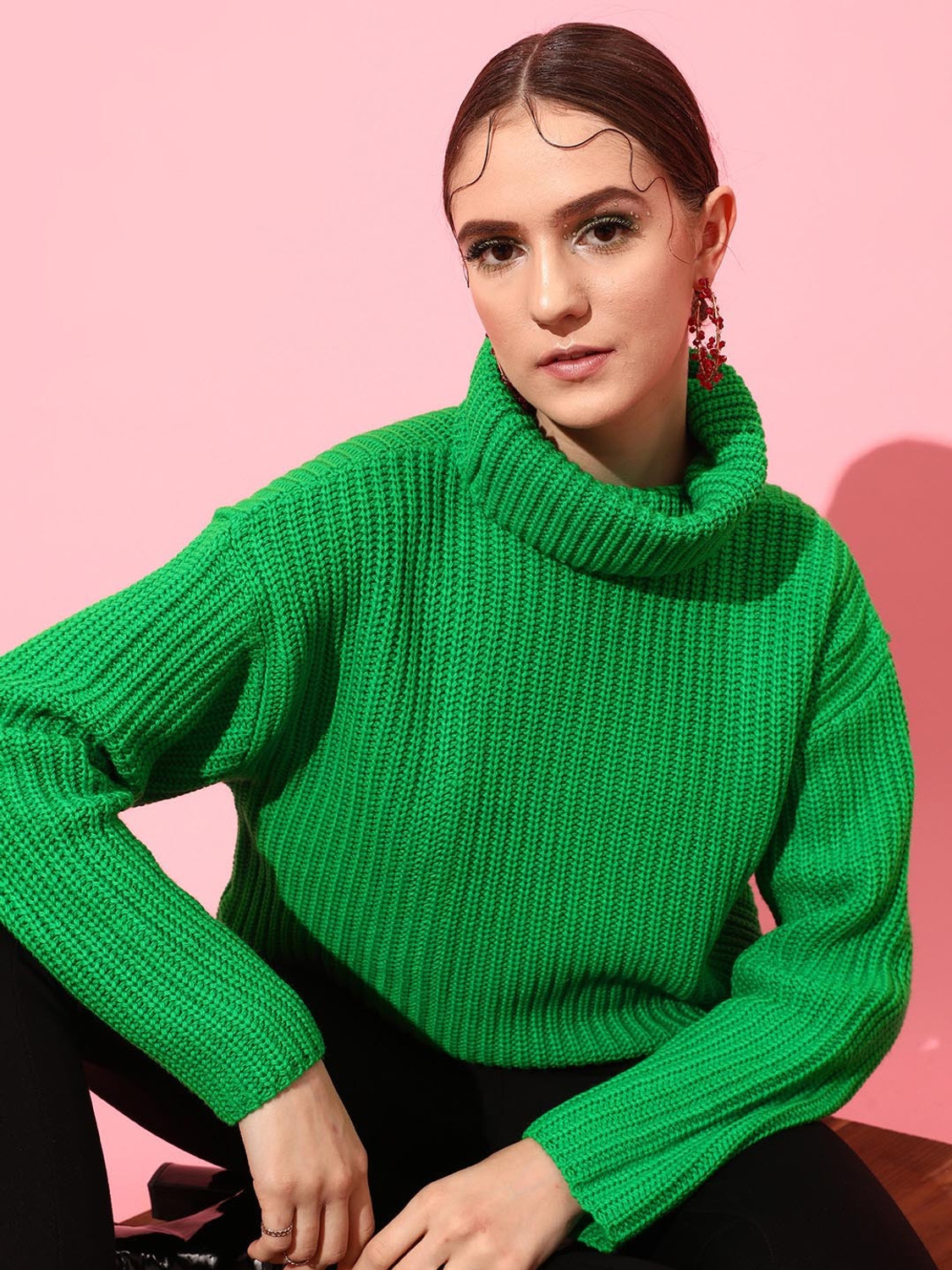 Street9 Striped Round Neck Casual Women Green Sweater