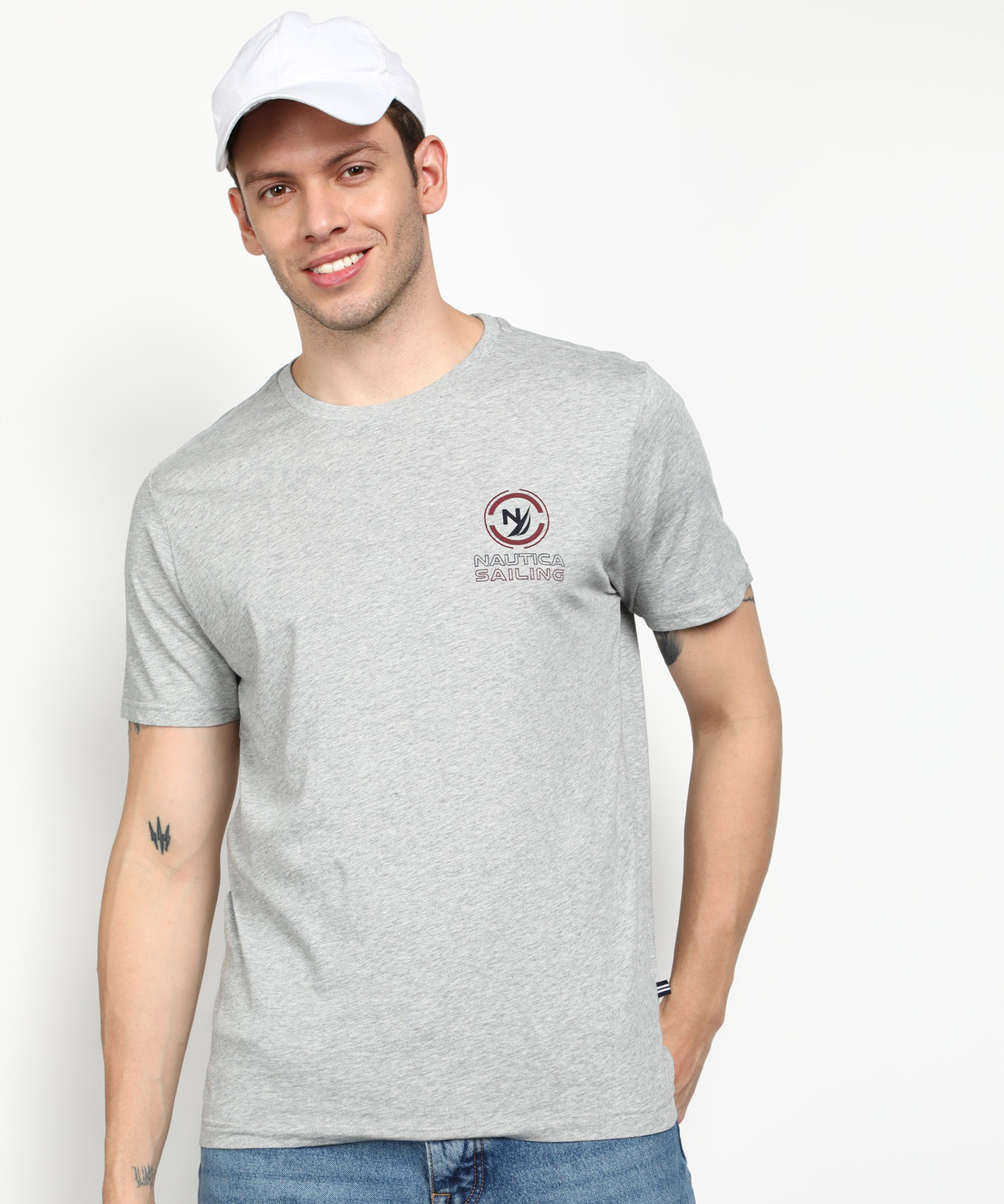 Image of NAUTICA Solid Men Round Neck Grey T-Shirt