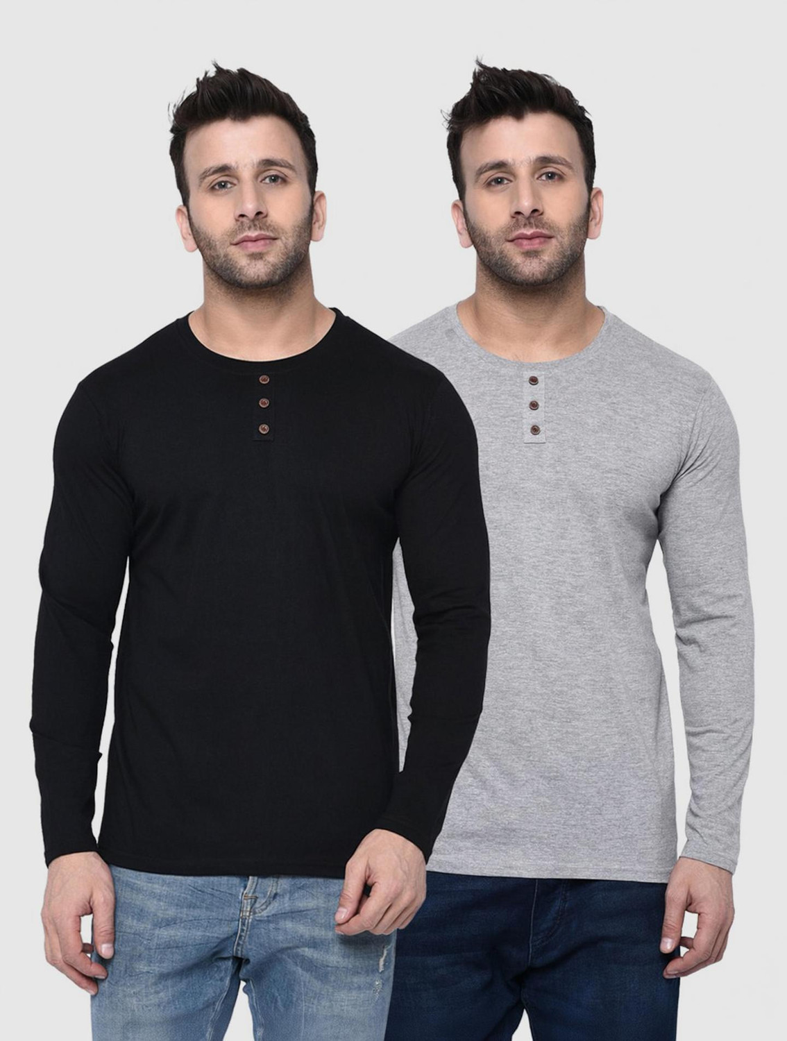 Self Design Men Round Neck Grey, Black T-Shirt  (Pack of 2)