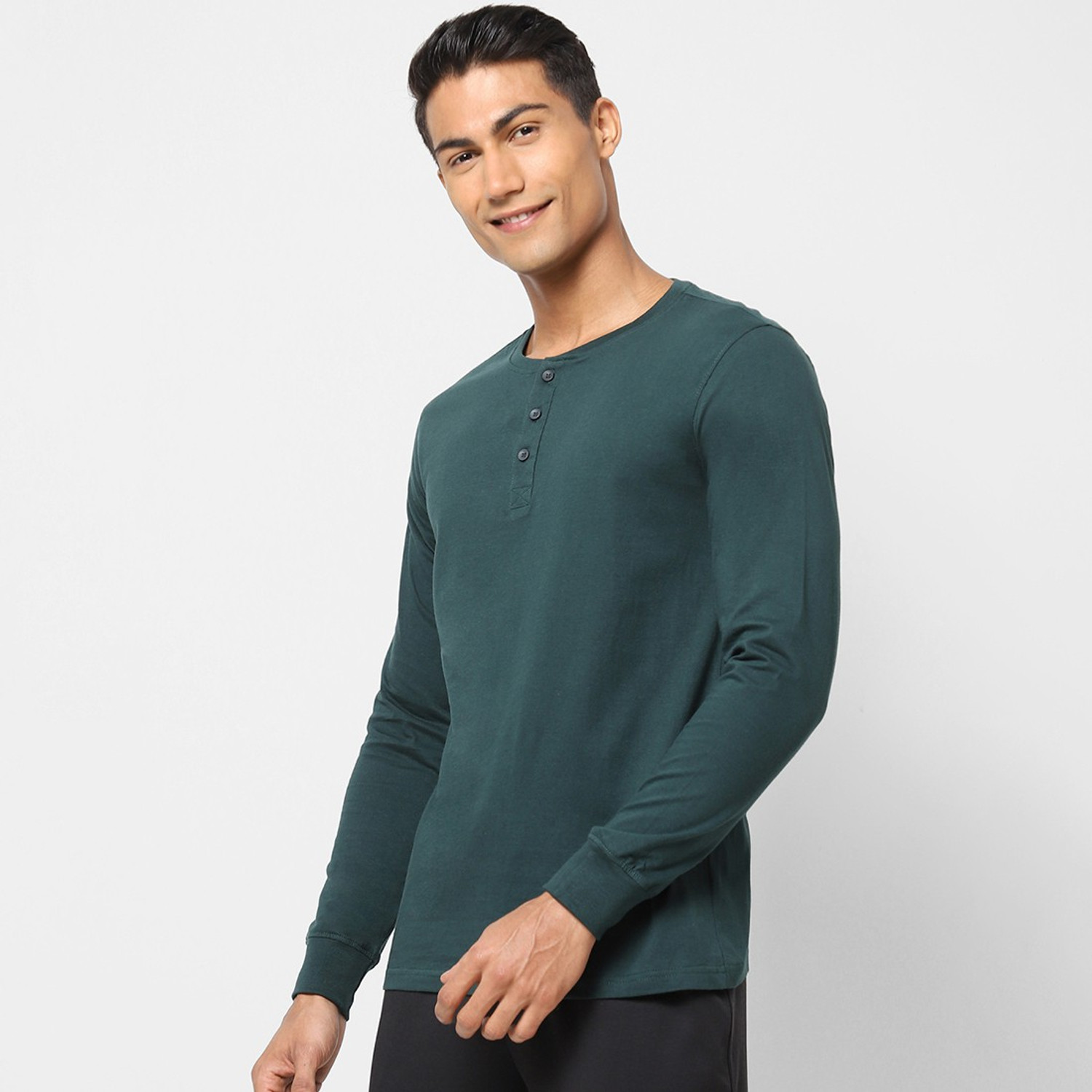 Image of Ajile By Pantaloons Solid Men Henley Neck Green T-Shirt