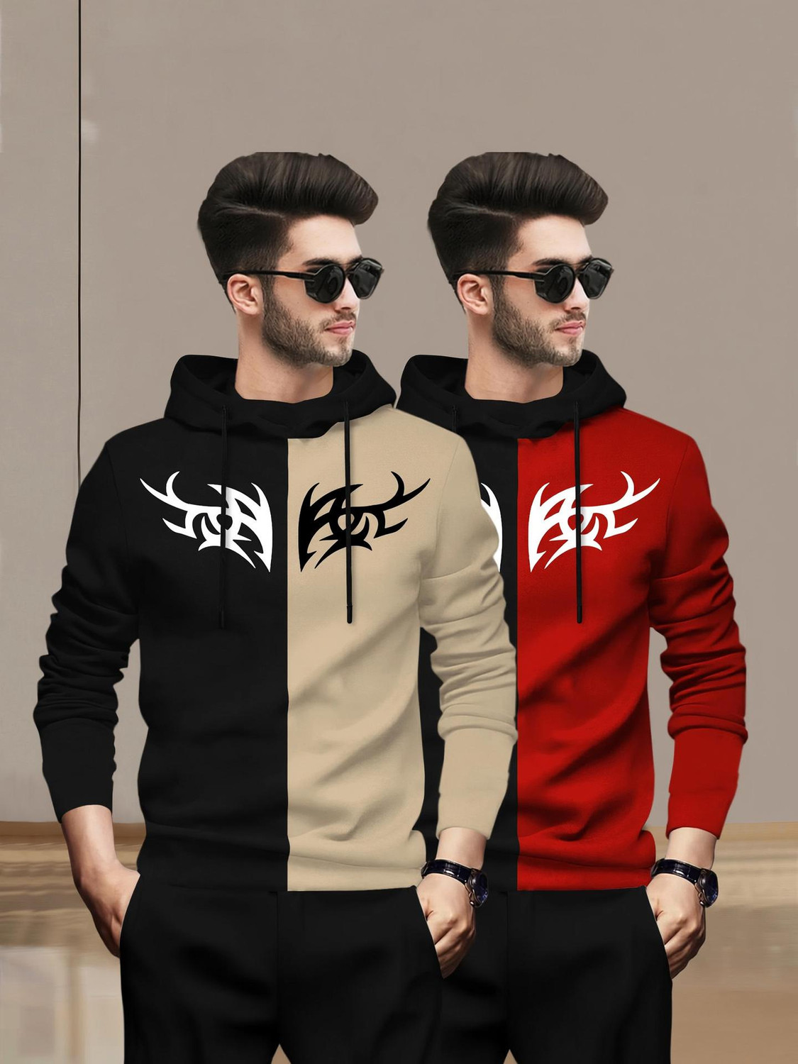Image of BLIVE Men Printed Hooded Neck Cotton Blend Navy Blue, Yellow T-Shirt