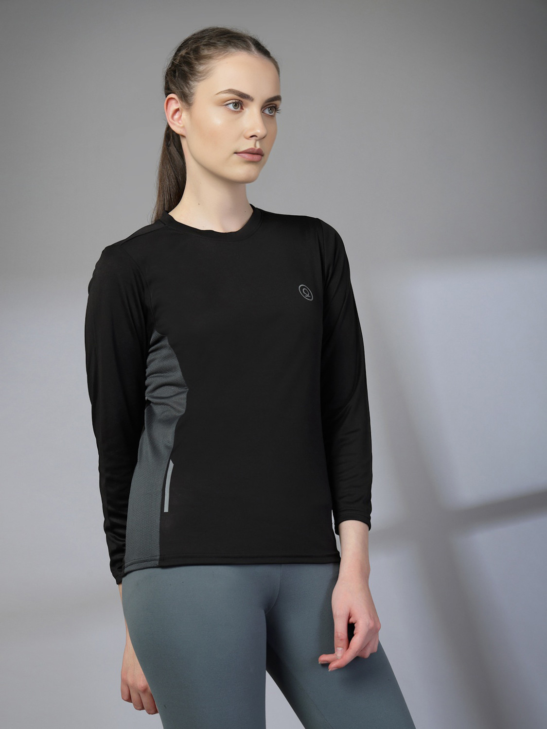 Image of CHKOKKO Women Solid Round Neck Polyester Grey T-Shirt