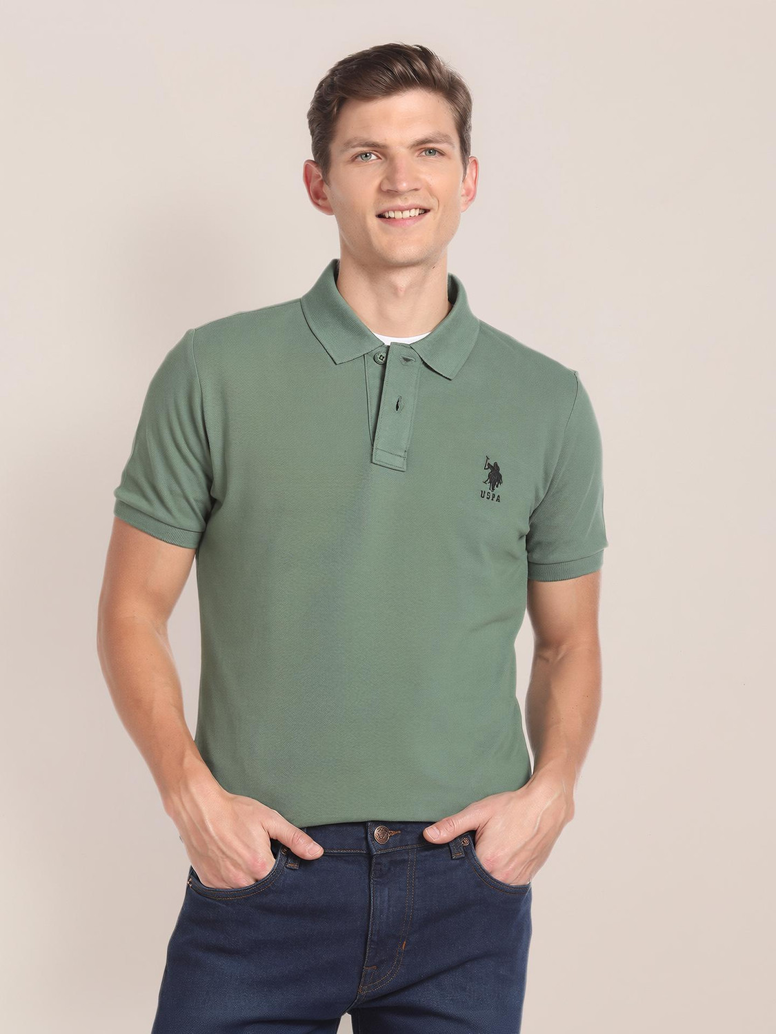 U.S. POLO ASSN. Solid Men Polo Neck Green T-Shirt