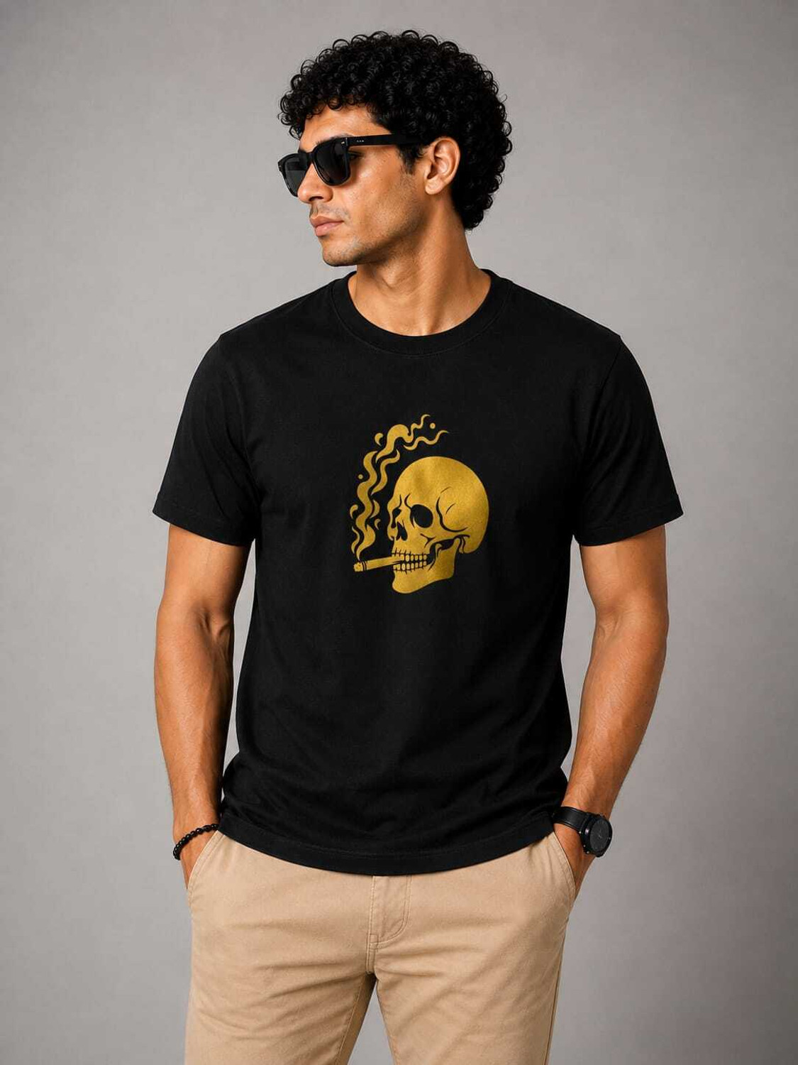 Image of BLIVE Men Printed Hooded Neck Cotton Blend Black, Yellow T-Shirt