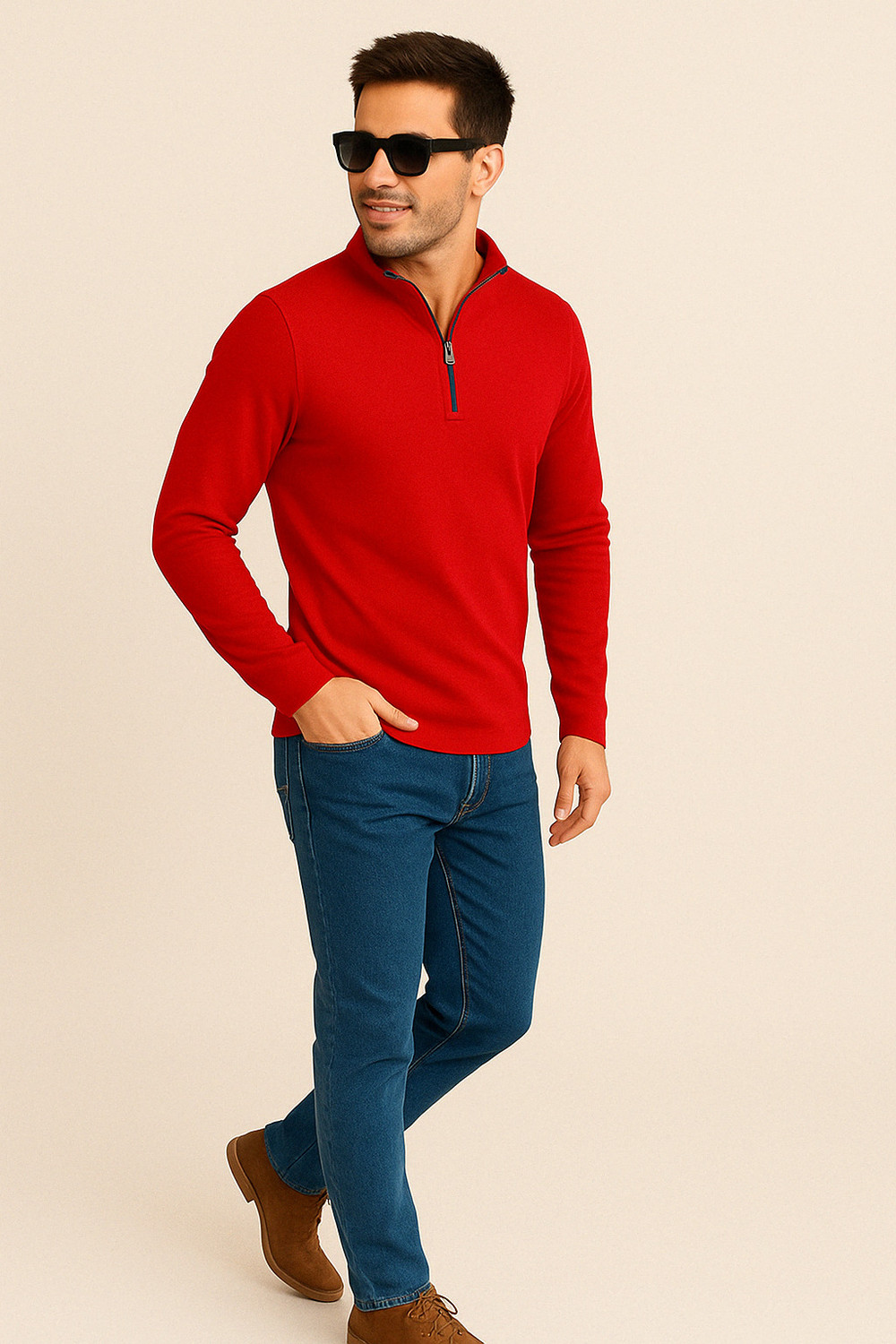 Image of GRIFFON VINCERO Men Solid Mandarin Collar Pure Cotton Red T-Shirt