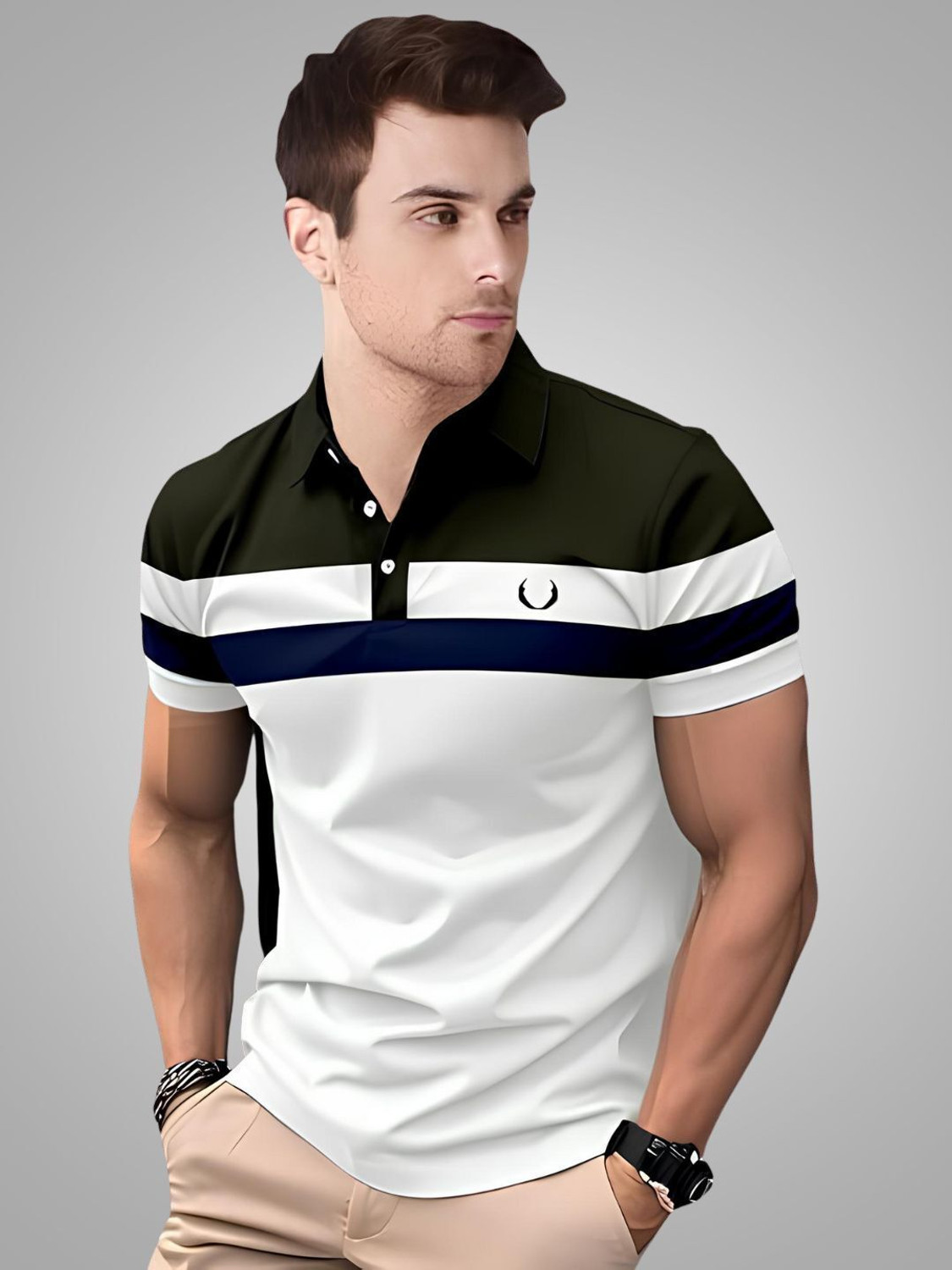 Image of TAZO Men Printed Polo Neck Cotton Blend Blue, White T-Shirt