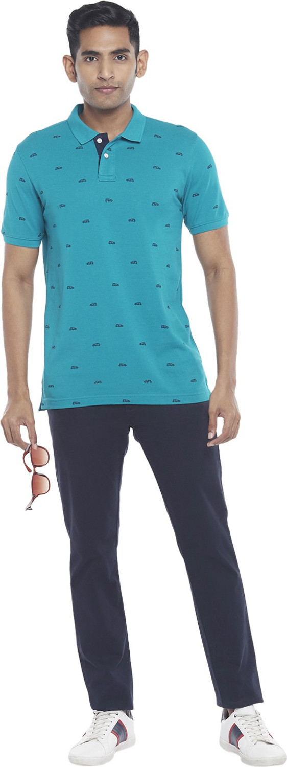 Image of Byford by Pantaloons Printed Men Polo Neck Blue T-Shirt