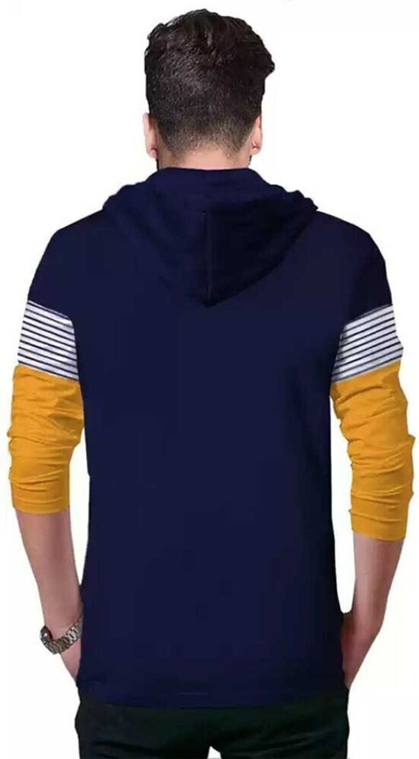 Image of BLIVE Men Printed Hooded Neck Cotton Blend Navy Blue, Yellow T-Shirt