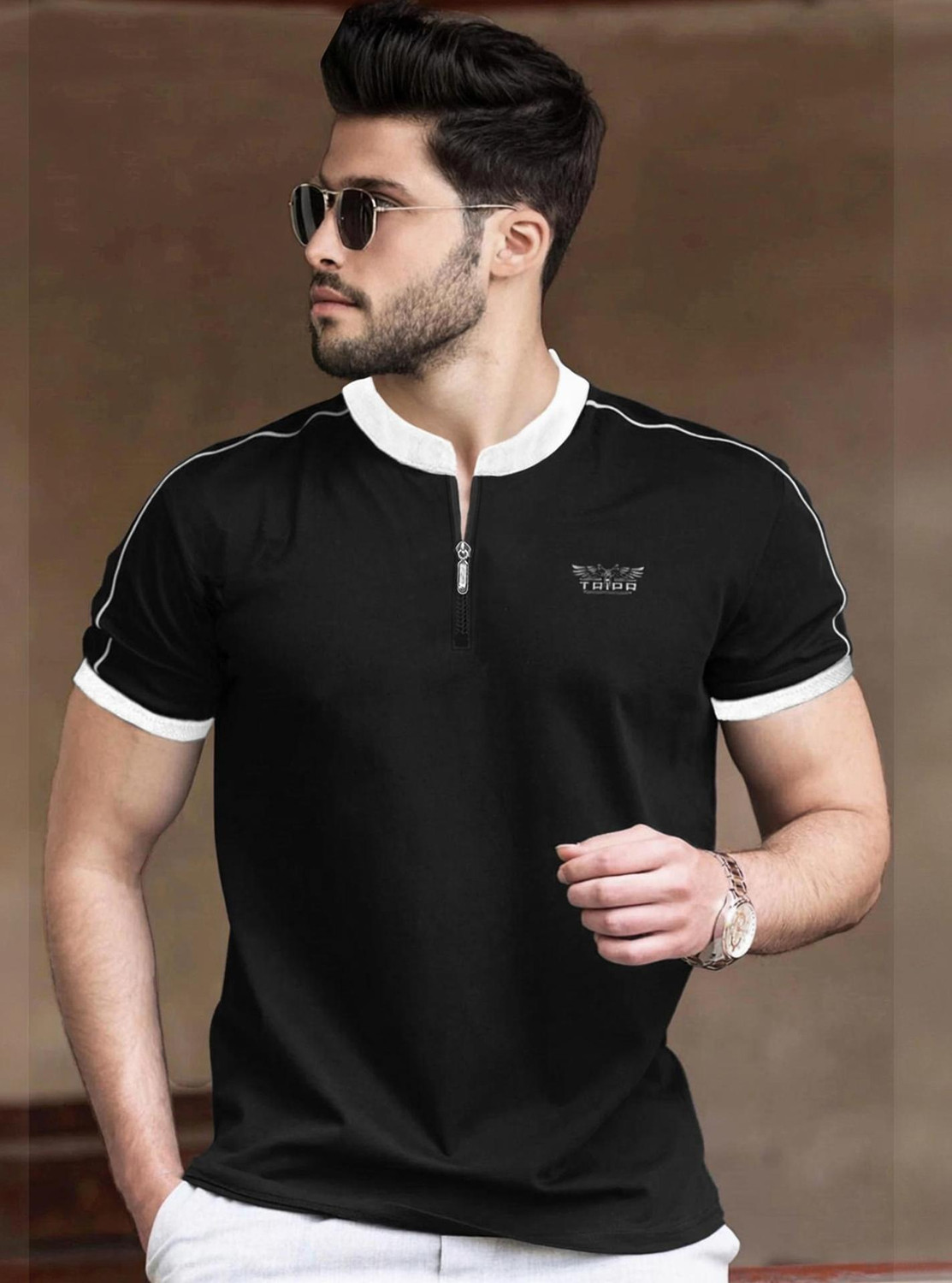 Image of TRIPR Men Solid Mandarin Collar Cotton Blend White T-Shirt