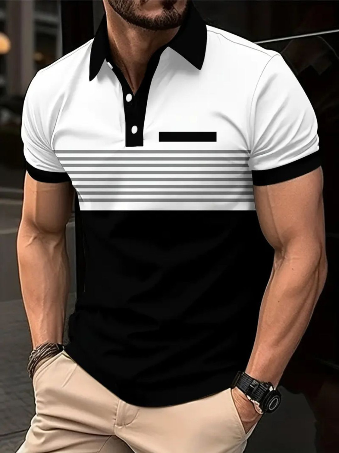 Image of TAZO Men Printed Polo Neck Cotton Blend Blue, White T-Shirt