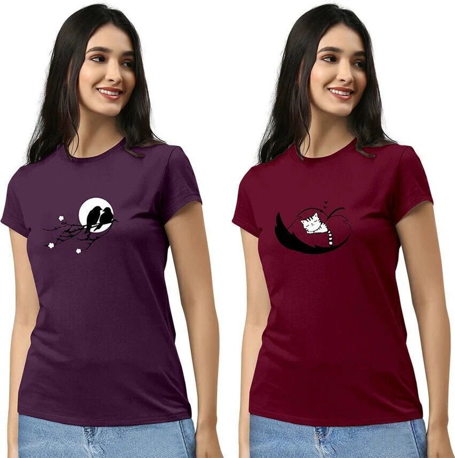 Image of ZentWorld Pack of 3 Women Printed Round Neck Cotton Blend Multicolor T-Shirt