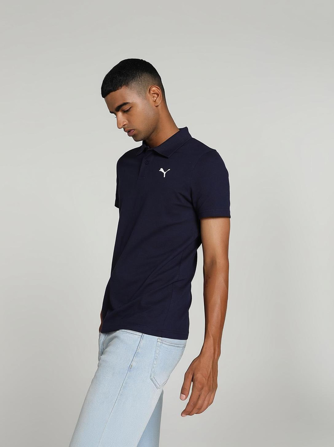 PUMA Solid Men Polo Neck Blue T-Shirt