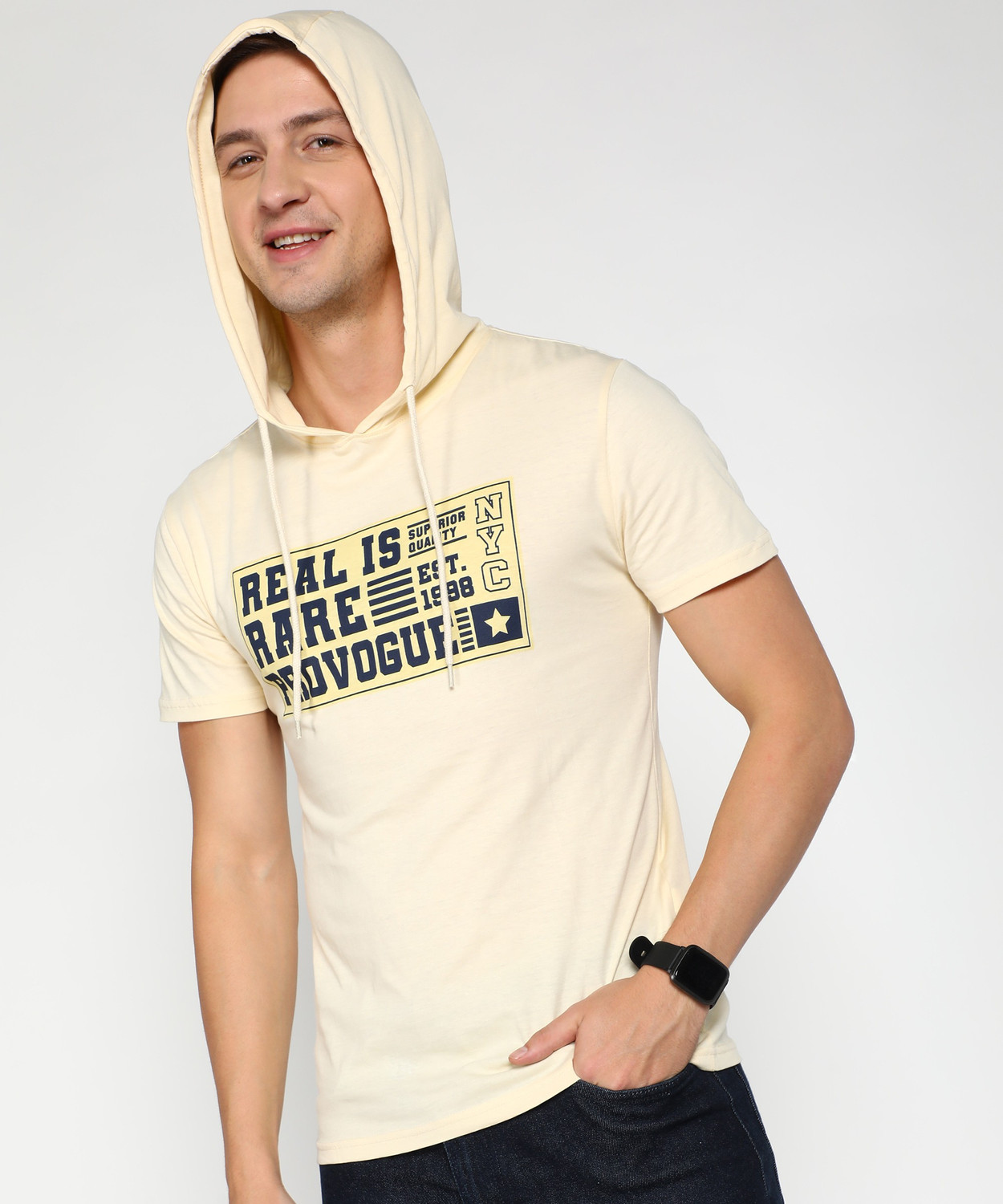 Image of PROVOGUE Printed Men Hooded Neck Beige T-Shirt