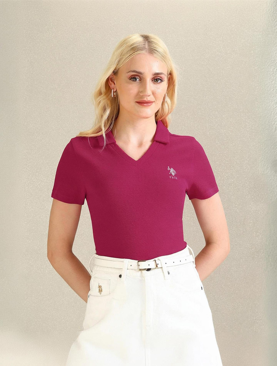 Image of U.S. POLO ASSN. Women Solid Polo Neck Cotton Blend Pink T-Shirt