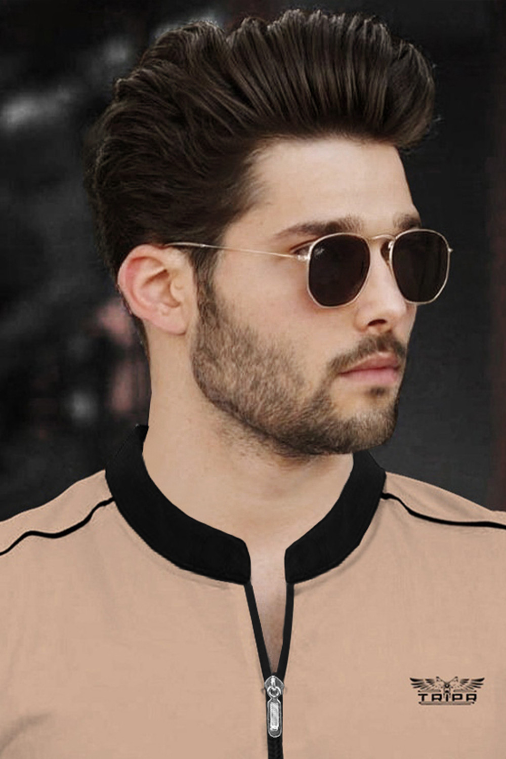Image of TRIPR Men Solid Mandarin Collar Cotton Blend Beige T-Shirt