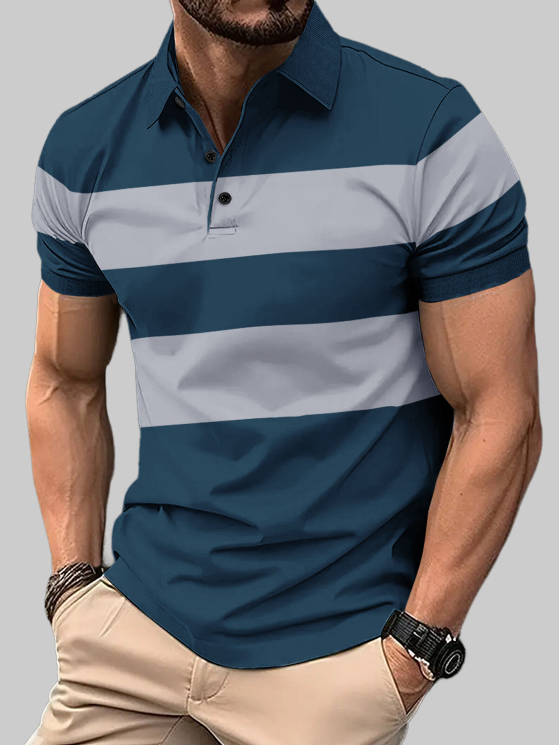 Image of TAZO Men Printed Polo Neck Cotton Blend Blue, White T-Shirt