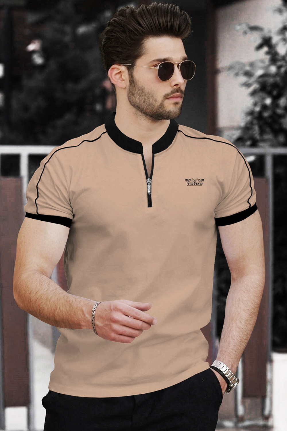 Image of TRIPR Men Solid Mandarin Collar Cotton Blend Beige T-Shirt